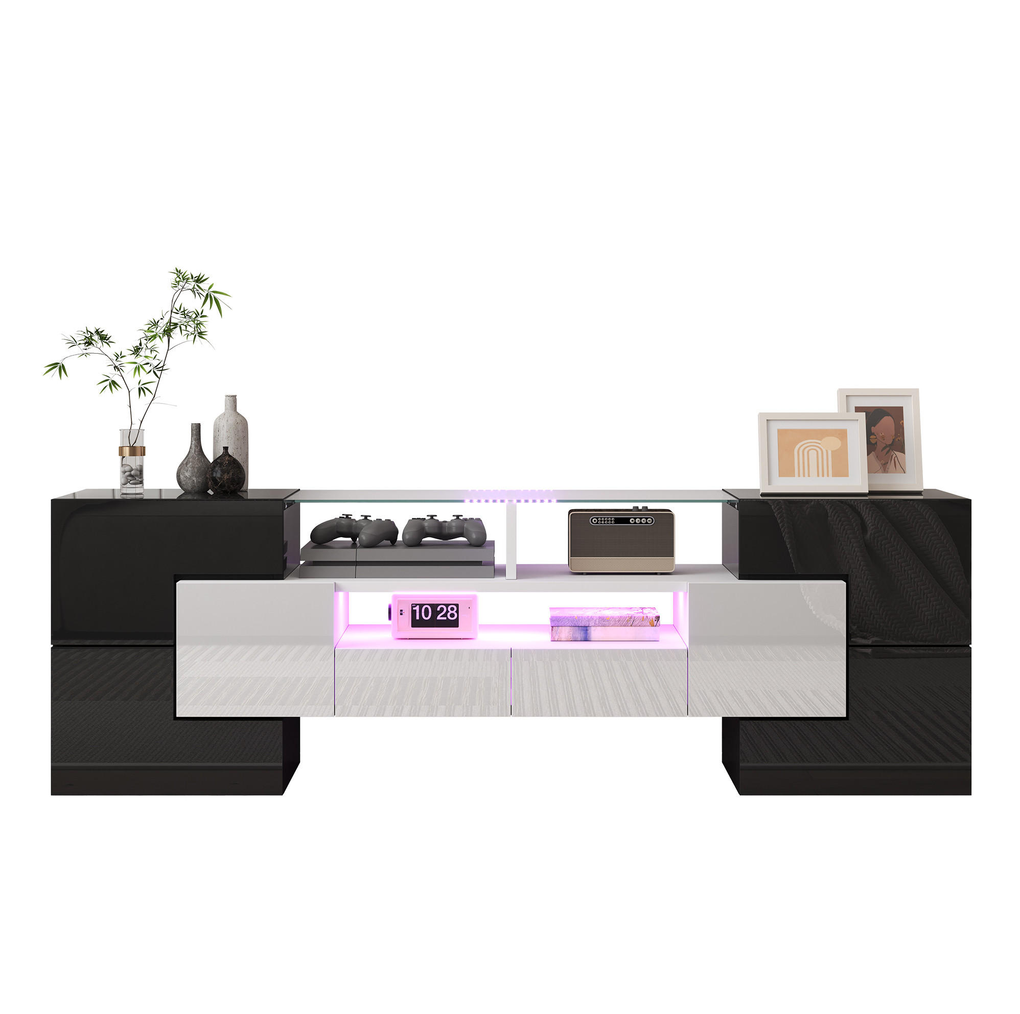 TV-LOWBOARD 145/30/51 cm mit LED-Beleuchtung und 2 Schubladen in Weiß-Beton - Weiß, Holzwerkstoff (145/51/30cm) - BEAOK