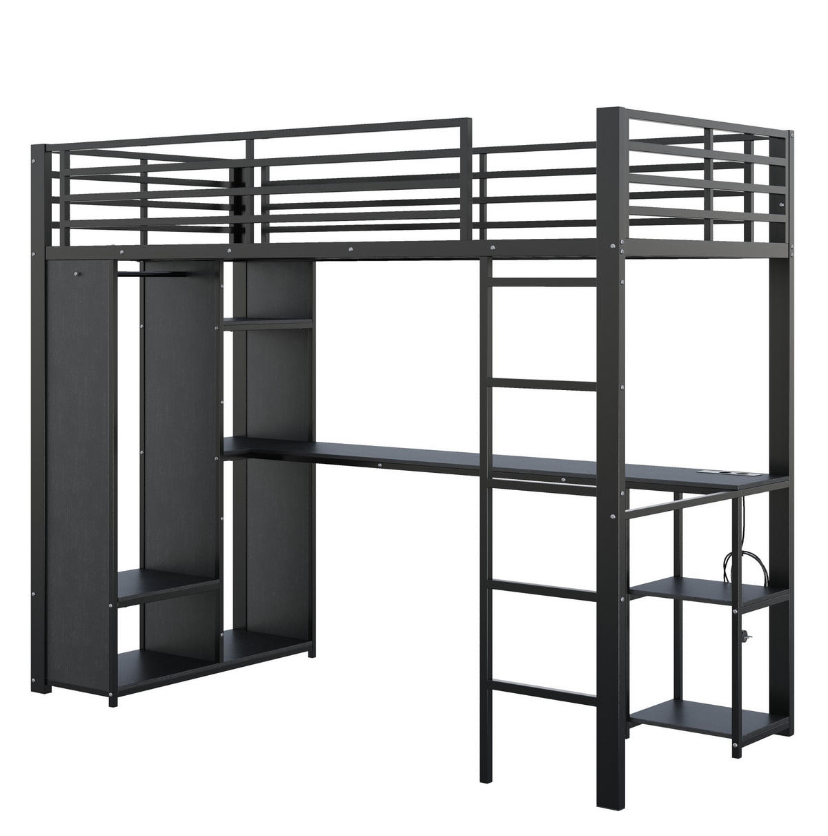 HOCHBETT 90x200 cm in Schwarz mit Schreibtisch, LED-Beleuchtung und offenem Kleiderschrank - Schwarz, Holzwerkstoff (90/200cm) - IVMEU