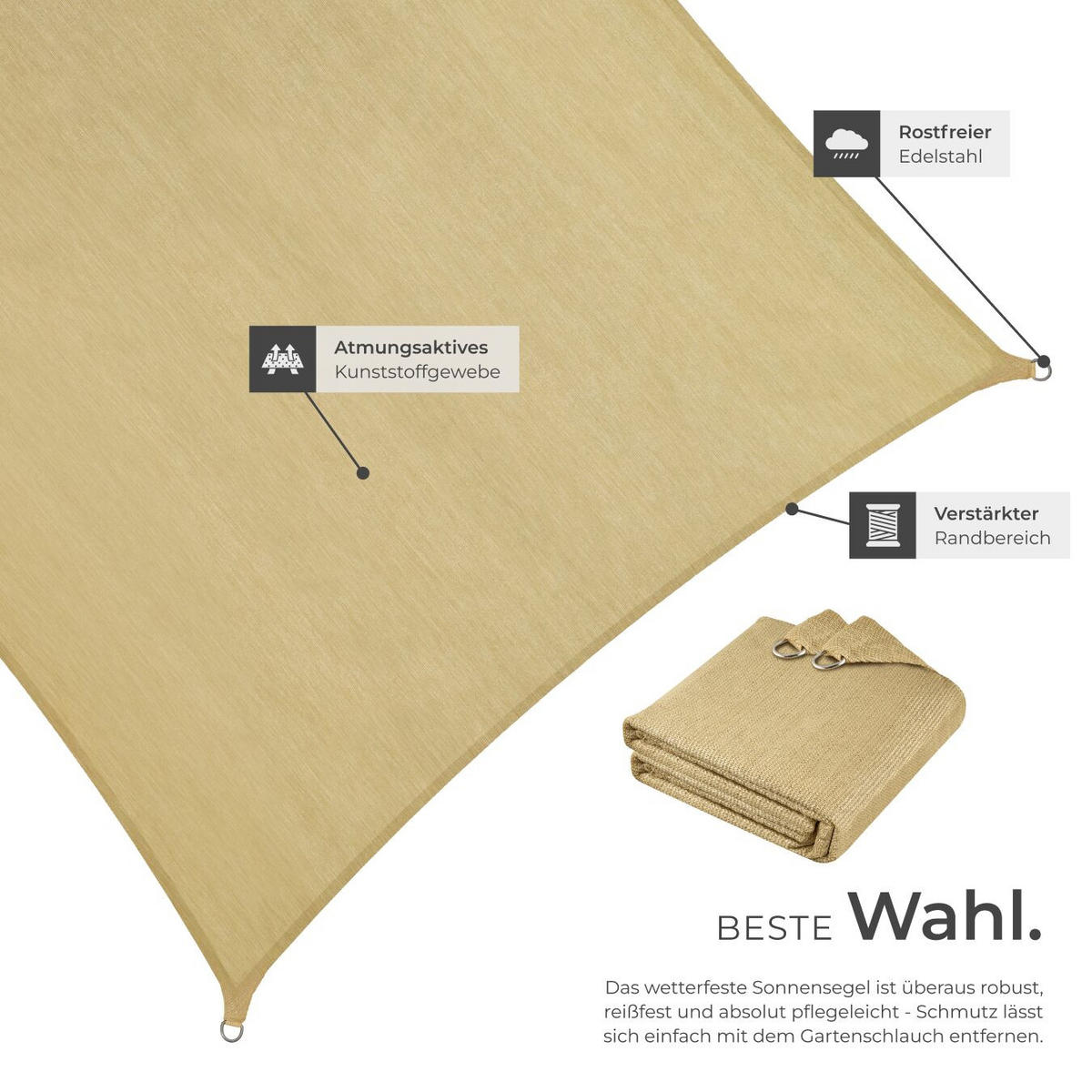 SONNENSEGEL Sunny,umfangreiches Montagematerial,Sand - Sandfarben, Kunststoff (600/400cm) - tectake