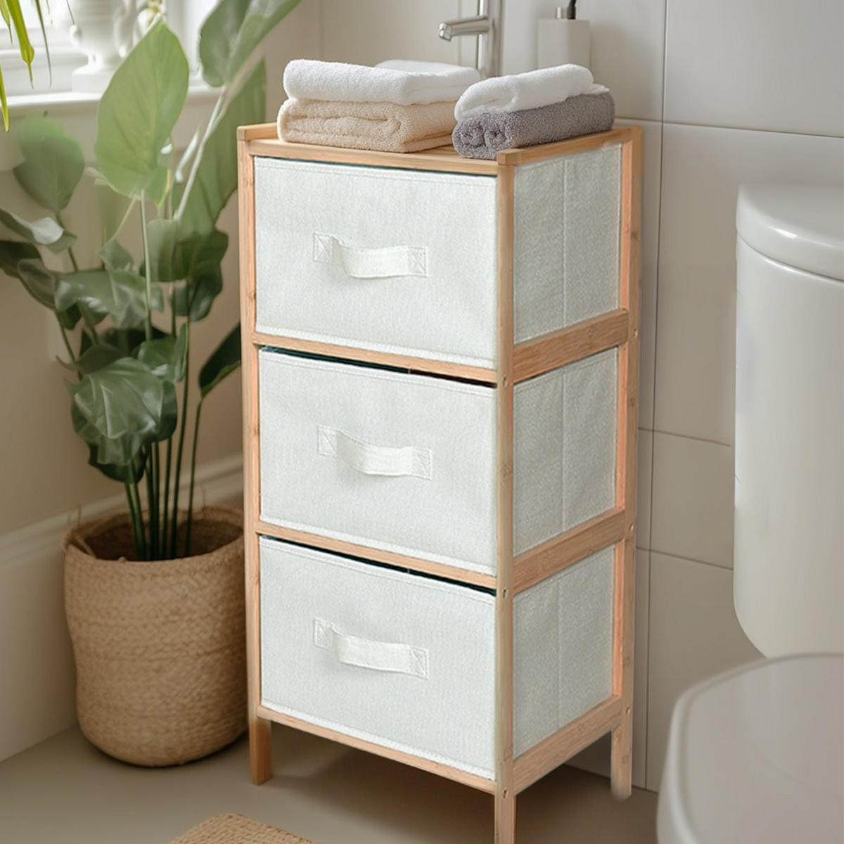 BADEZIMMERSCHRANK Bambus Stoff Beige Natur 37/35/79 cm - Naturfarben, Holz/Textil (37/79/35cm) - Begryf