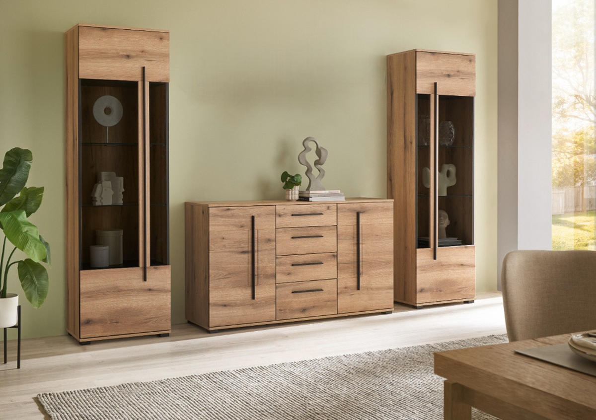 WOHNWAND Eiche Evoke, Wohnkombination 3-teilig mit Soft-Close - Eichefarben/Schwarz, Glas/Holzwerkstoff (290/200/42cm) - Furn.Design