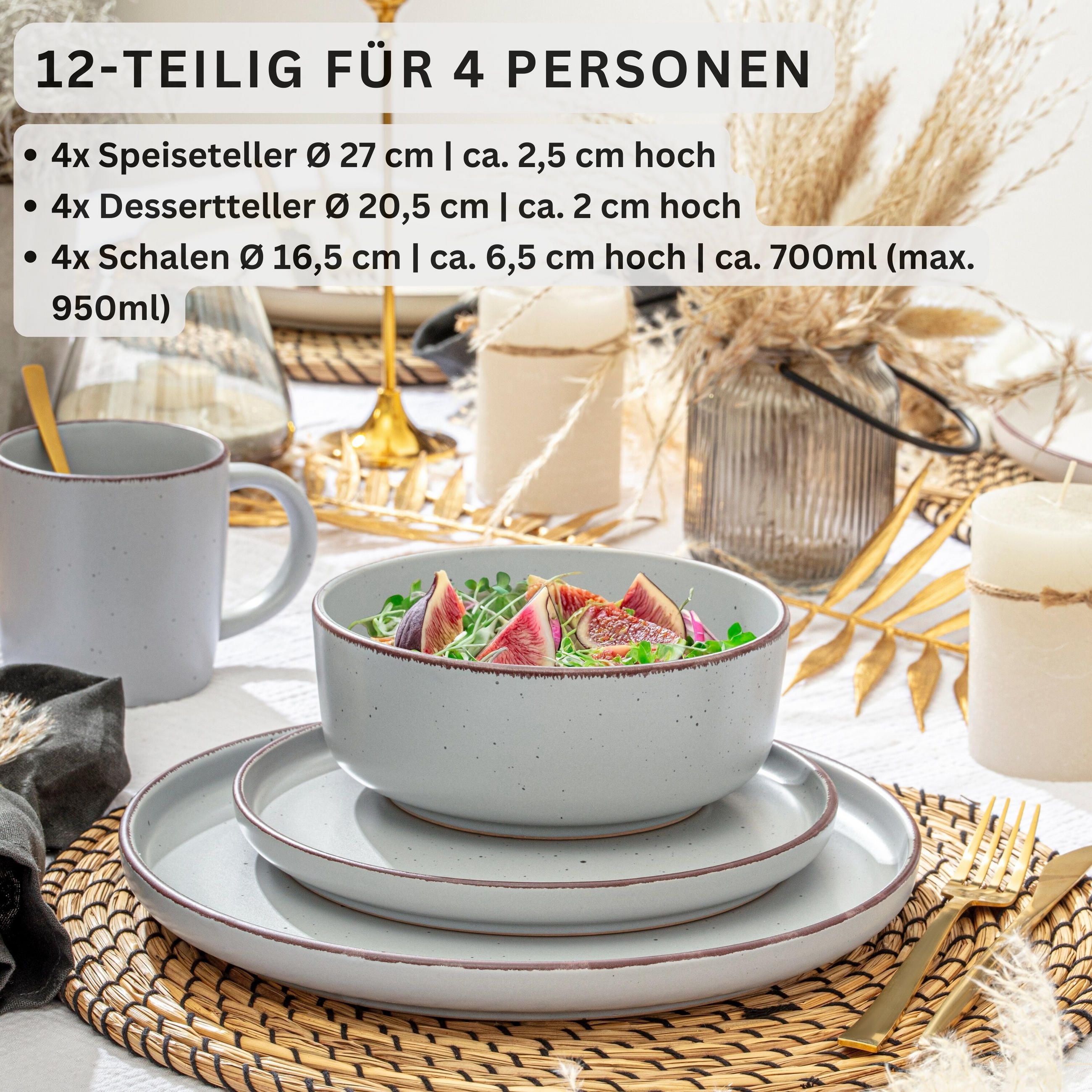 TAFELSERVICE BOMBAY STONE - 12 teilig aus Steingut - Grau, Stein (27/6.5/27cm) - Sänger