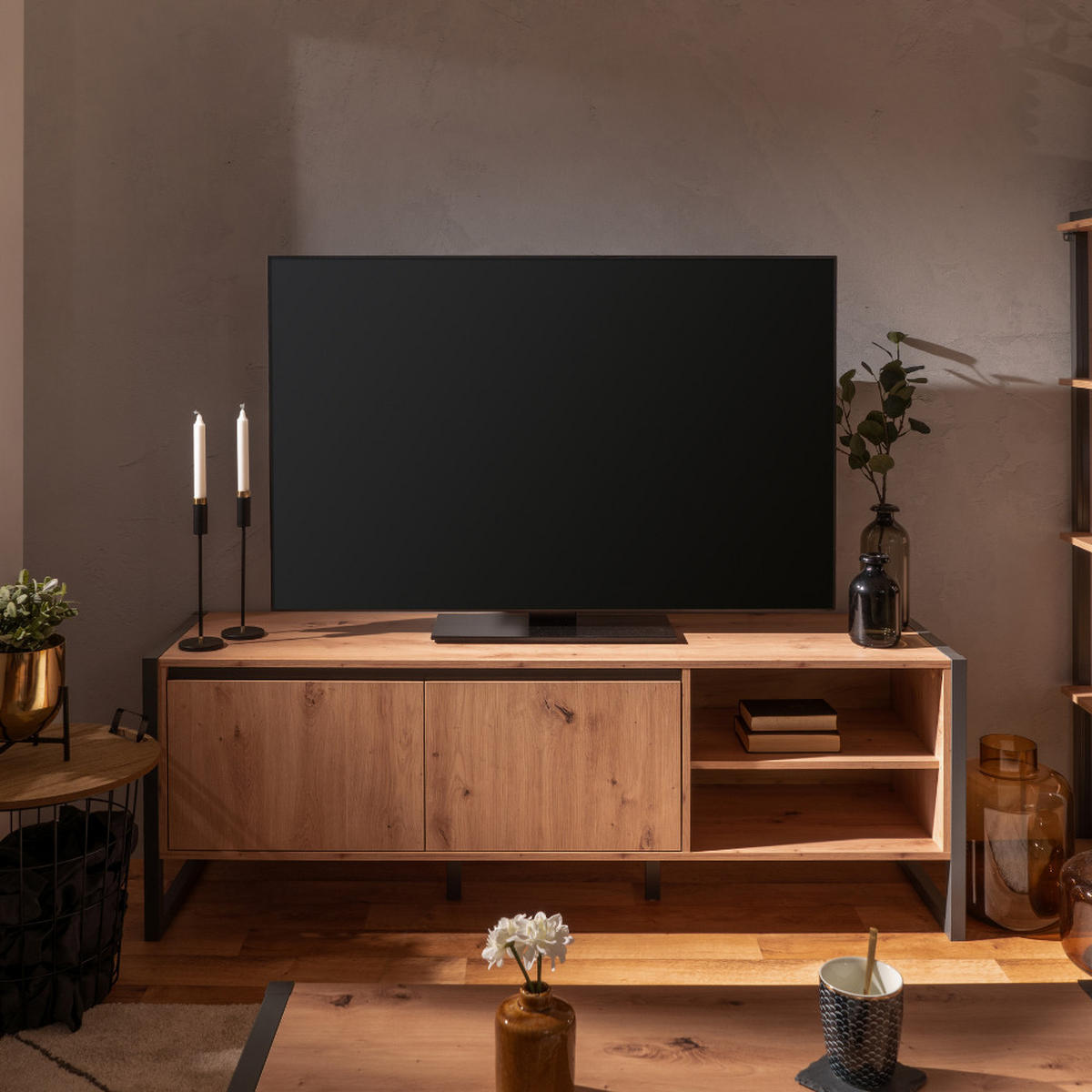TV-MÖBEL Kotor in Holzoptik 160 cm im industriellen Stil mit Schrank - Braun, Holzwerkstoff (160/55/40cm) - Concept Usine
