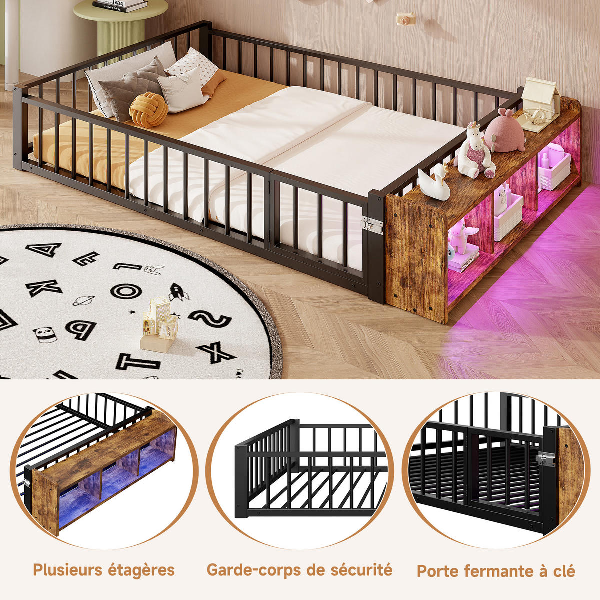 METALLBETT 140x200 cm LED schwarz - Schwarz, Holzwerkstoff (140/200cm) - LEBENLANG