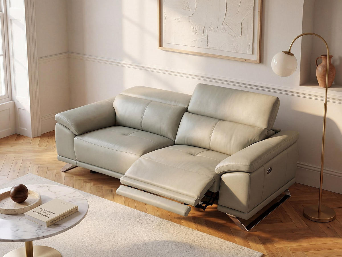 RELAXSOFA - 3 Personen - leder - hellgrau Azidee - Hellgrau, Leder/Kunststoff (220/76/107cm) - Vente-Unique