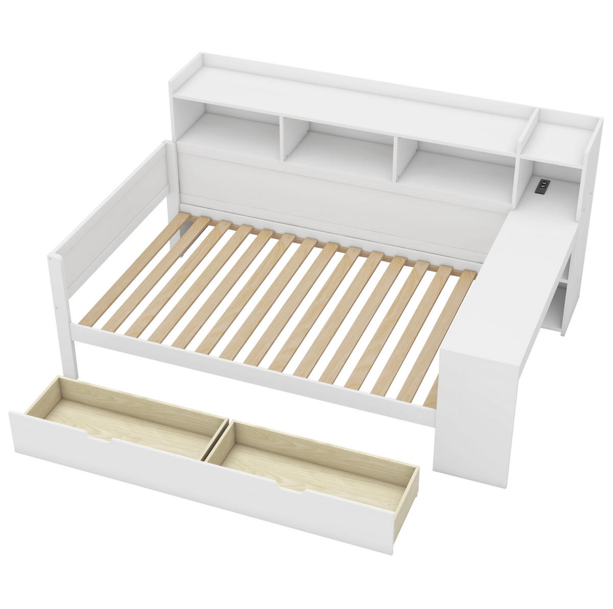 BETT 90/200 cm mit Nachttischablage und USB-Anschluss in Weiß - Weiß, Holzwerkstoff (90/200cm) - OKWISH