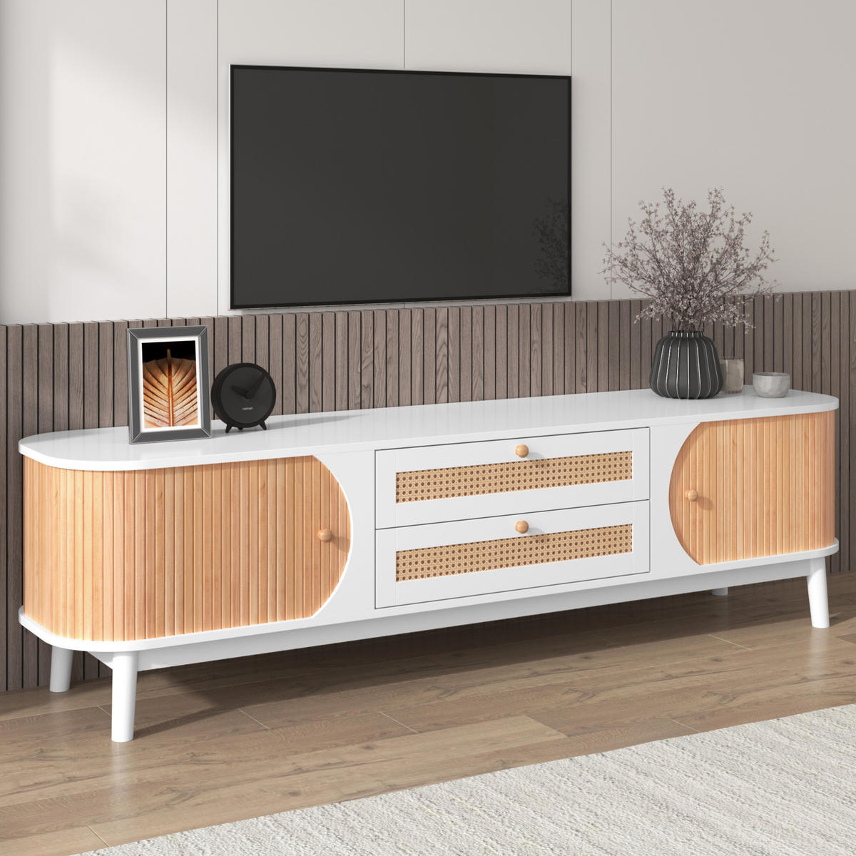 LOWBOARD 170/39.5/46 cm Weiß aus MDF mit Rattanfronten und Türen - Weiß, Holzwerkstoff (39.5/46/170cm) - OKMYHOME