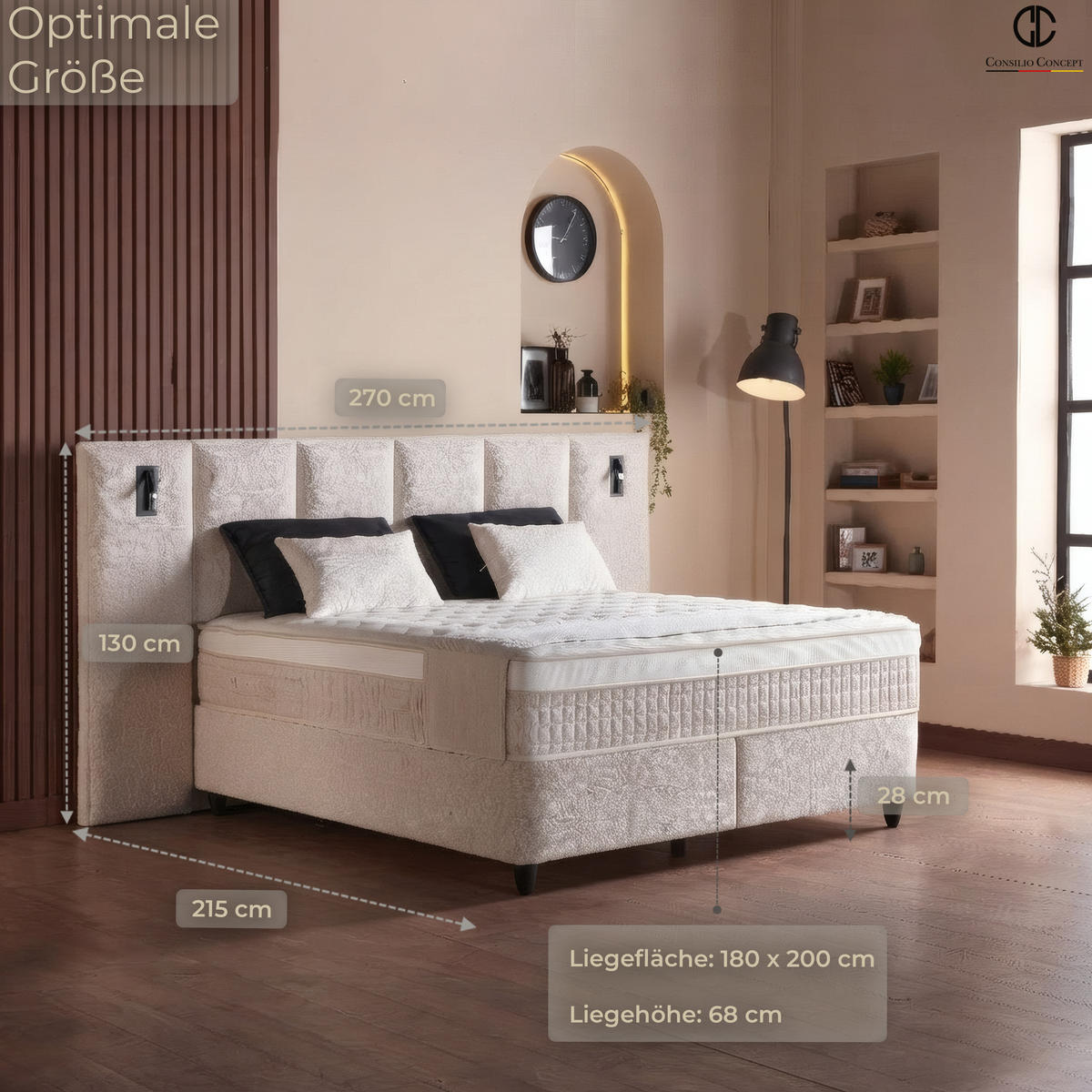 BOXSPRINGBETT MIT BETTKASTEN LUXOR 180/200 cm, Ivory, Bettkasten, Matratze, Topper integriert, H3 mittel 7-Zonen Matratze - Creme/Schwarz, Holz/Kunststoff (180/200cm) - Consilio Concept