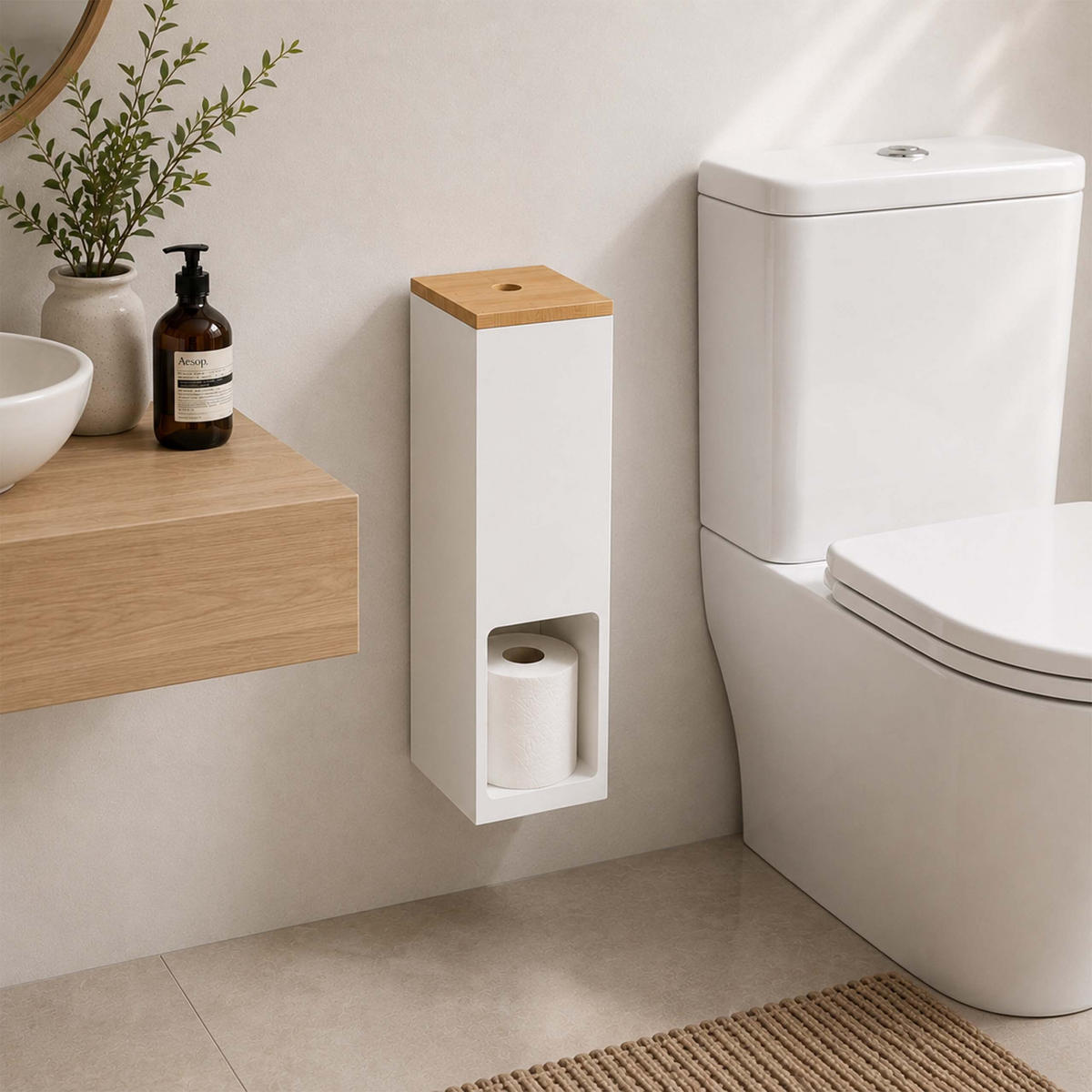 SUPORT-ROLE Natural alb bambus pentru 4 role - alb, compozit lemnos/lemn (14/46.5/14cm) - Relaxdays