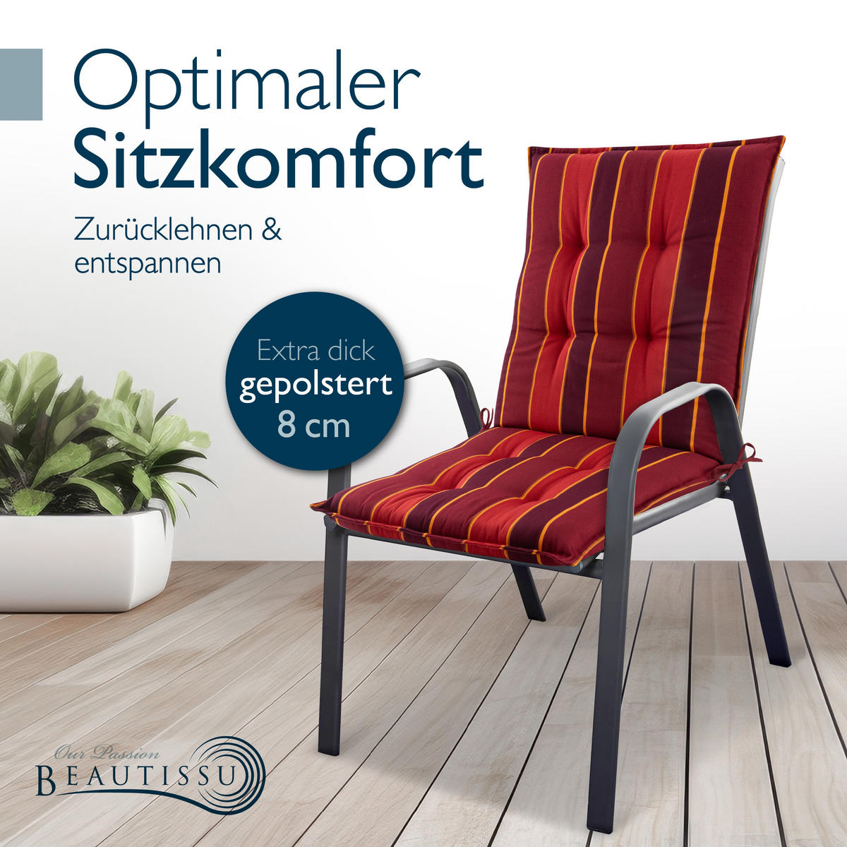 NIEDERLEHNERAUFLAGE Sun-NL 105/50/8cm Rot-Gestreift - Multicolor, Textil (50/8/105cm) - Beautissu 