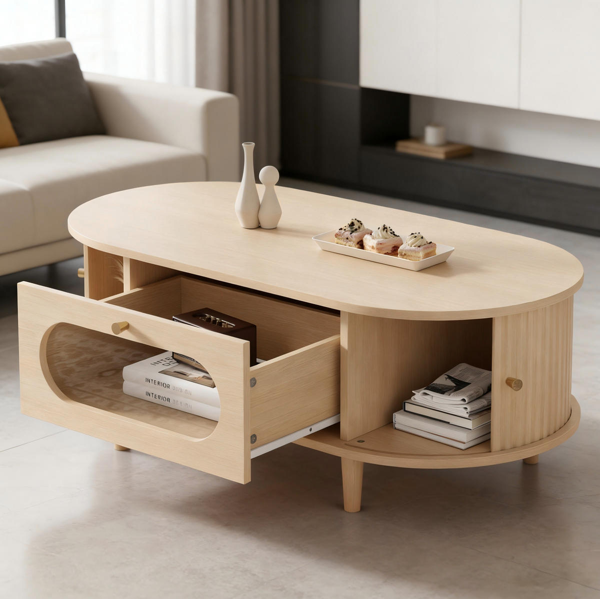 KONFERENČNÍ stolek 100/50/36 cm dubová barva z MDF se zásuvkou a roletovými dvířky - barva dubu, kompozitní dřevo (100/50/36cm) - OKWISH