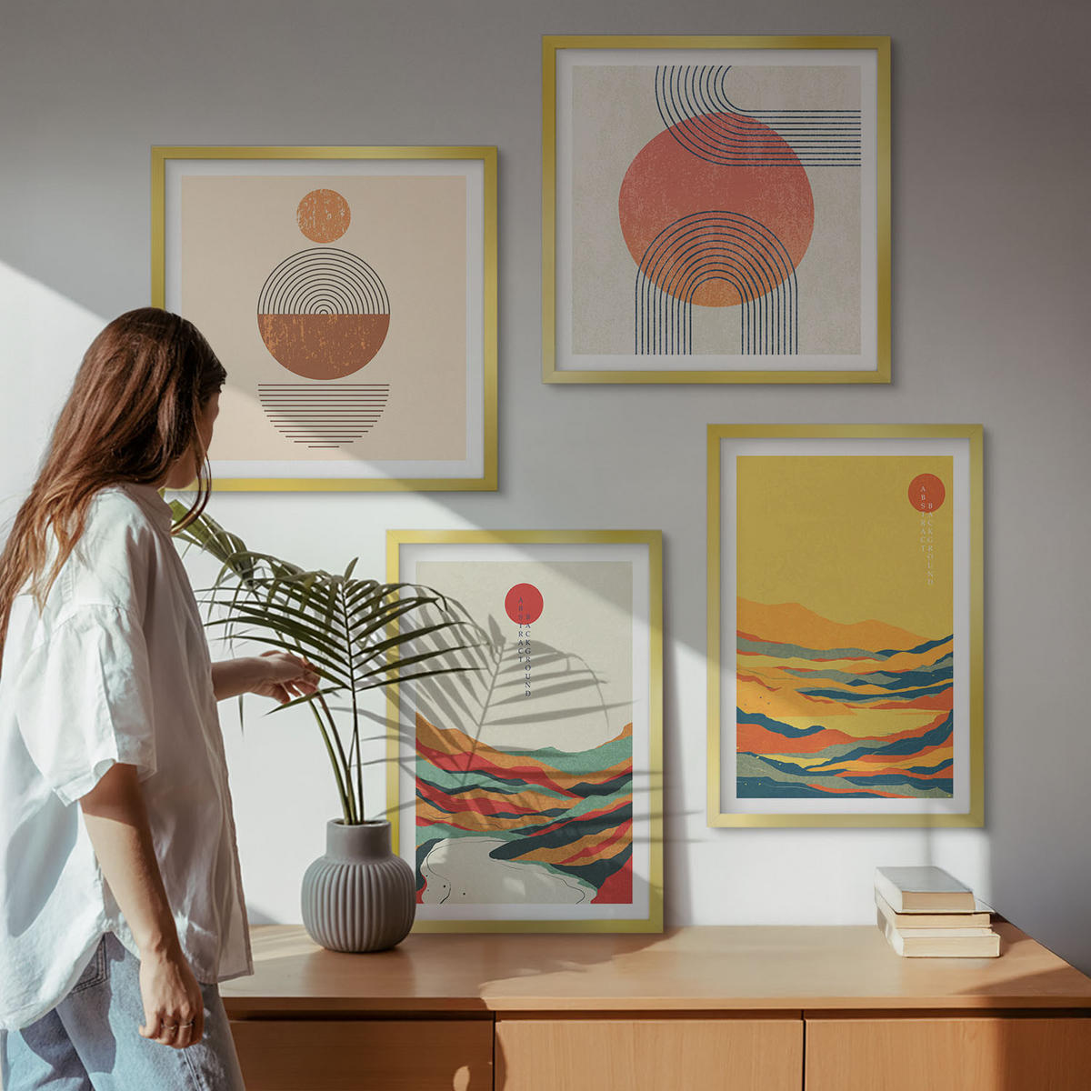 WANDBILDER 4er Set - 50x50 cm & 40x60 cm Goldrahmen - Farbenfrohe Muster der Japandi-Flussberge - Goldfarben, Kunststoff (50/50cm) - ArtPrintCave