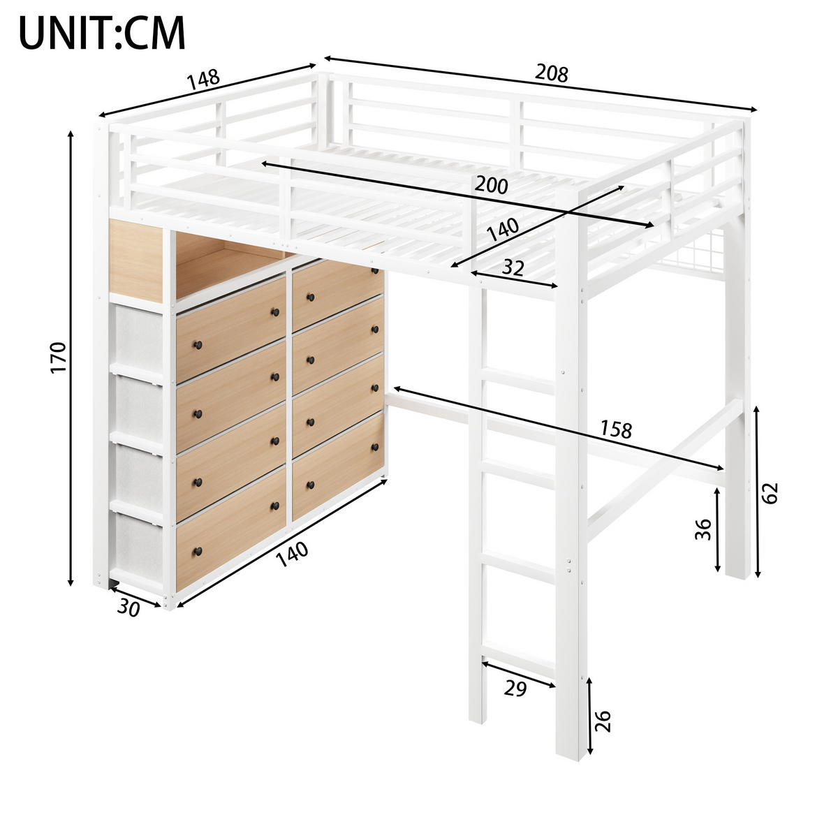 HOCHBETT 140/200 cm in Weiß mit 8 Schubladen, LED, Regalen und Lochwand - Weiß, Holzwerkstoff/Metall (140/200cm) - WISHDOR