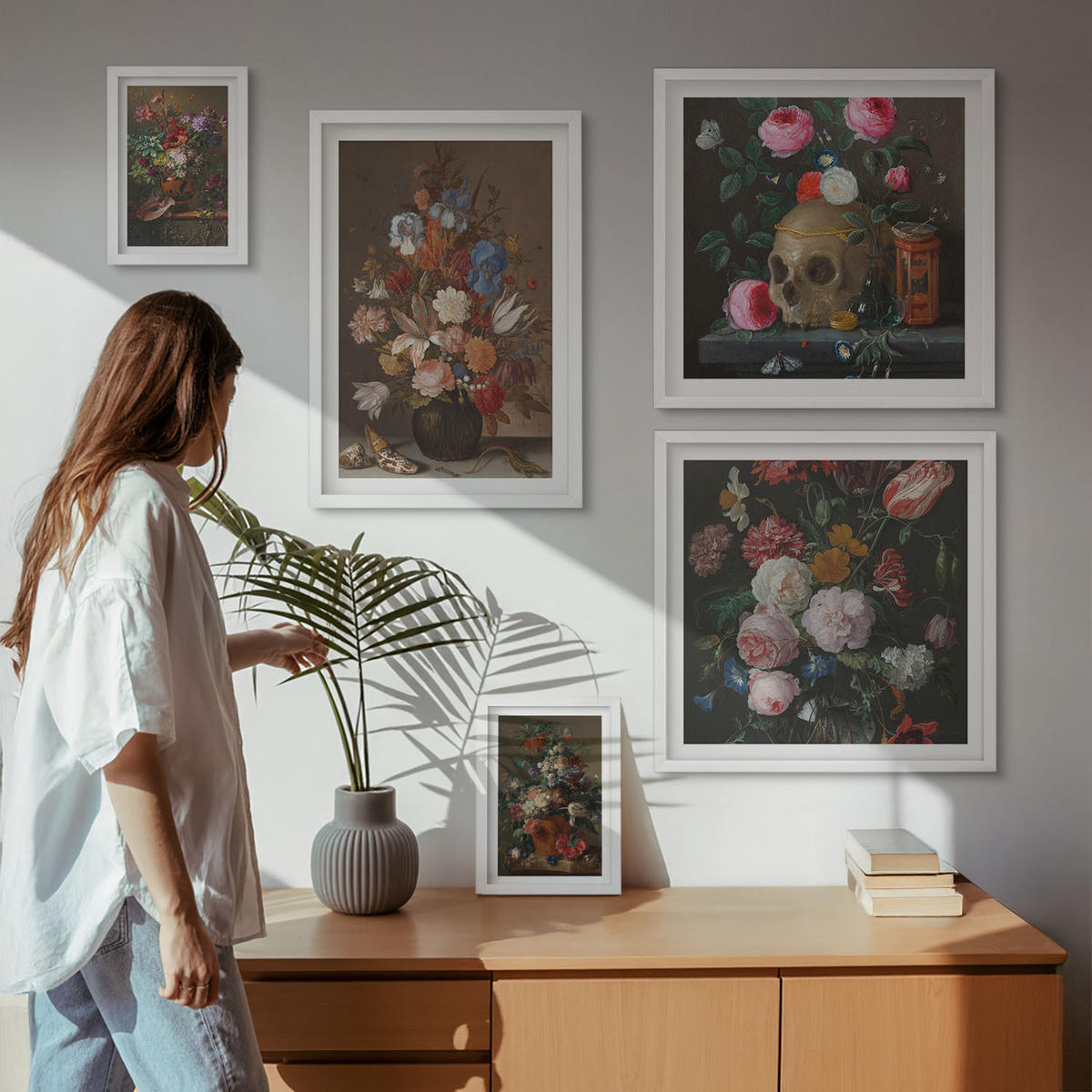 WANDBILDER 5er-Set - 50x50 cm & 20x30 cm & 40x60 cm Weißer Rahmen - Pfingstrosenporträt einer Frau für Zuhause - Weiß, Kunststoff (40/60cm) - ArtPrintCave