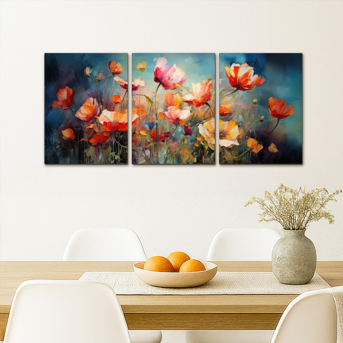 LEINWANDBILD 3er Set Blumen - Bunt - Abstrakt 90x40 cm - Blaugrau, Textil (90/40cm) - MuchoWow
