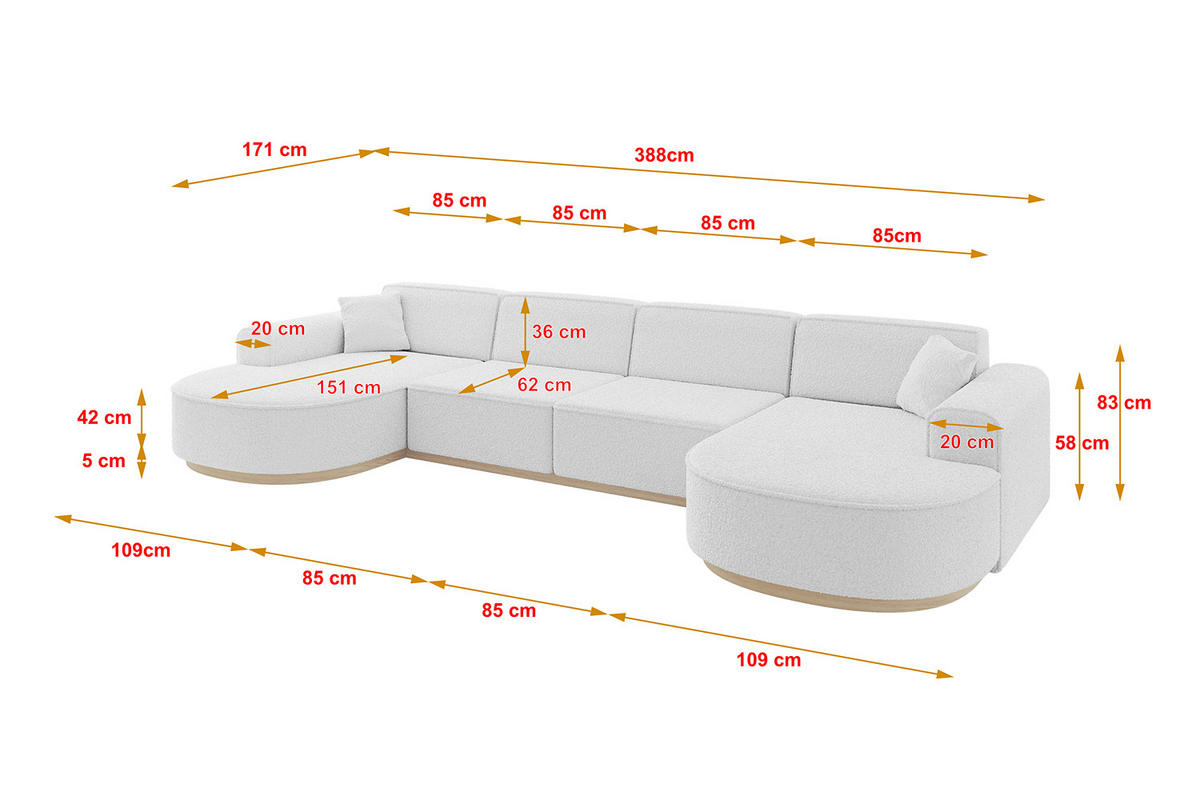WOHNLANDSCHAFT MARI-U2-v1 - 388x171x83 cm Weiß Bouclé - Weiß, Holzwerkstoff/Textil (388/83/171cm) - ALTDECOR