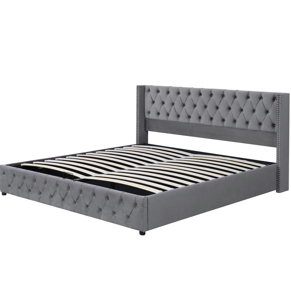 POLSTERBETT 140/190 cm mit hydraulischem Bettkasten und Chesterfield-Steppung aus Samt, Grau - Grau, Textil (140/190cm) - Redom