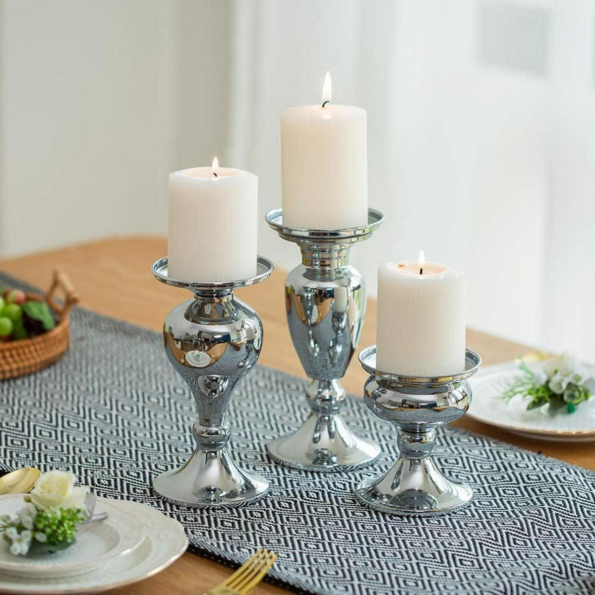 KERZENSTÄNDER 3er Set Metall Silber - Silberfarben, Metall (9.3/11.4/9.3cm)