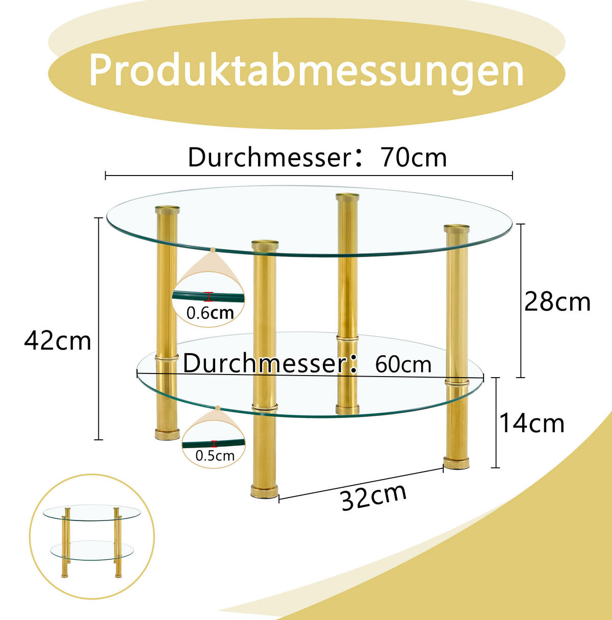 COUCHTISCH 70/70/42 cm mit 2 Glasplatten und Metallgestell, moderner leiser Luxus, Gold/Transparent - Goldfarben, Glas (70/70/42cm) - Redom