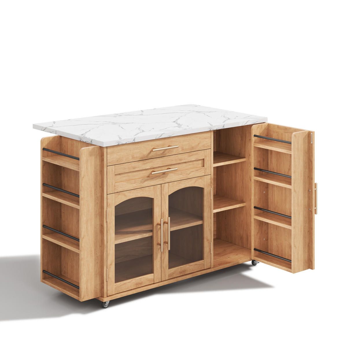 MOBILNI kuhinjski otok 138/70/90 cm prirodna od MDF-a sa sklopivom radnom pločom i kotačima - prirodne boje, drvni materijal (138/90/70cm) - OKWISH