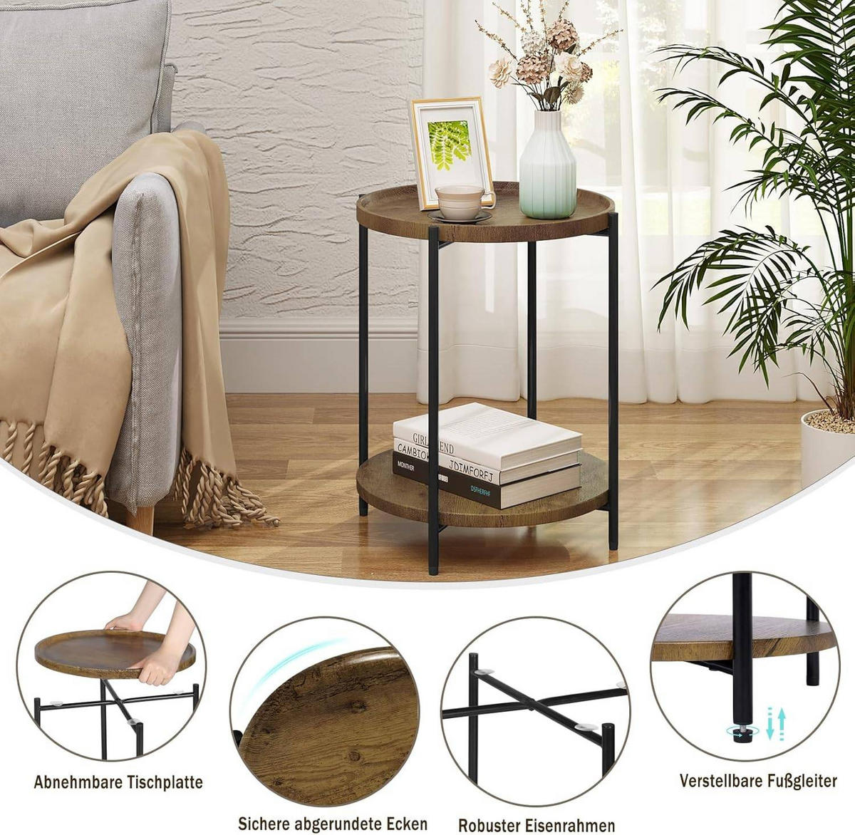 COUCHTISCH rund, mit 2 Ablagen, Vintage-Holzmaserung - Schwarz/Teakfarben, Holzwerkstoff/Metall (43/43/51cm) - Woltu