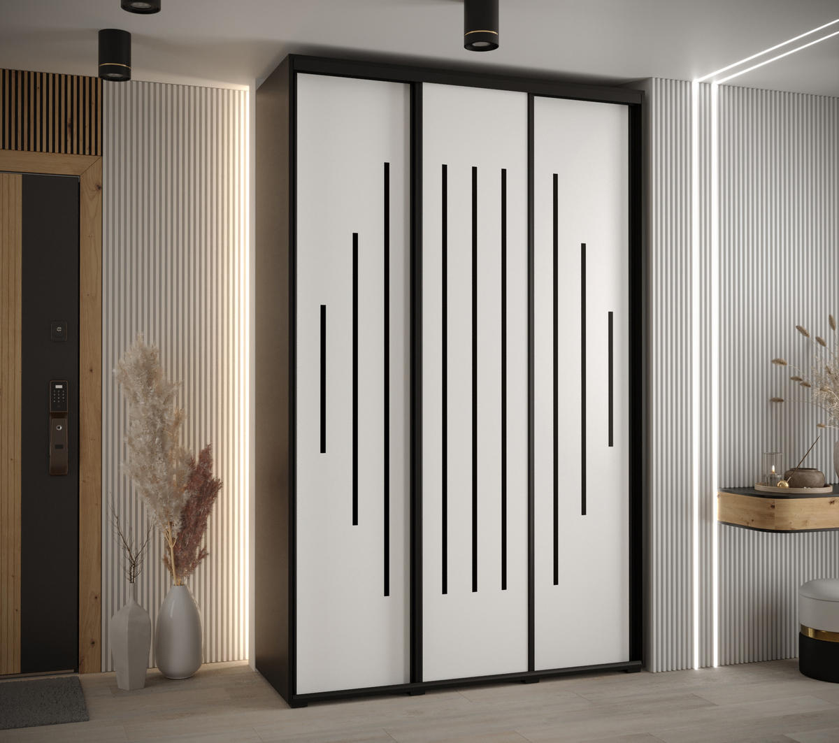 SCHWEBETÜRENSCHRANK 235,2/150/60 3-türig - Schwarz/Weiß, Holz/Metall (150/235/60cm) - Abiks Möbel