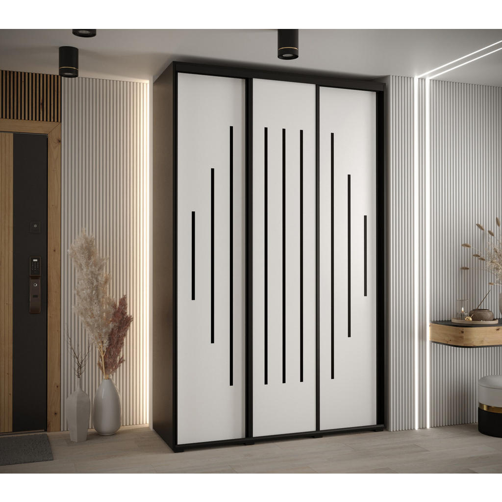 Thumbnail - Abiks Möbel Schwebetürenschrank, Schwarz, Weiß, Schwarz, Metall, Nachbildung, 6 Fächer, 160x235x60 cm, Schlafzimmer, Kle...
