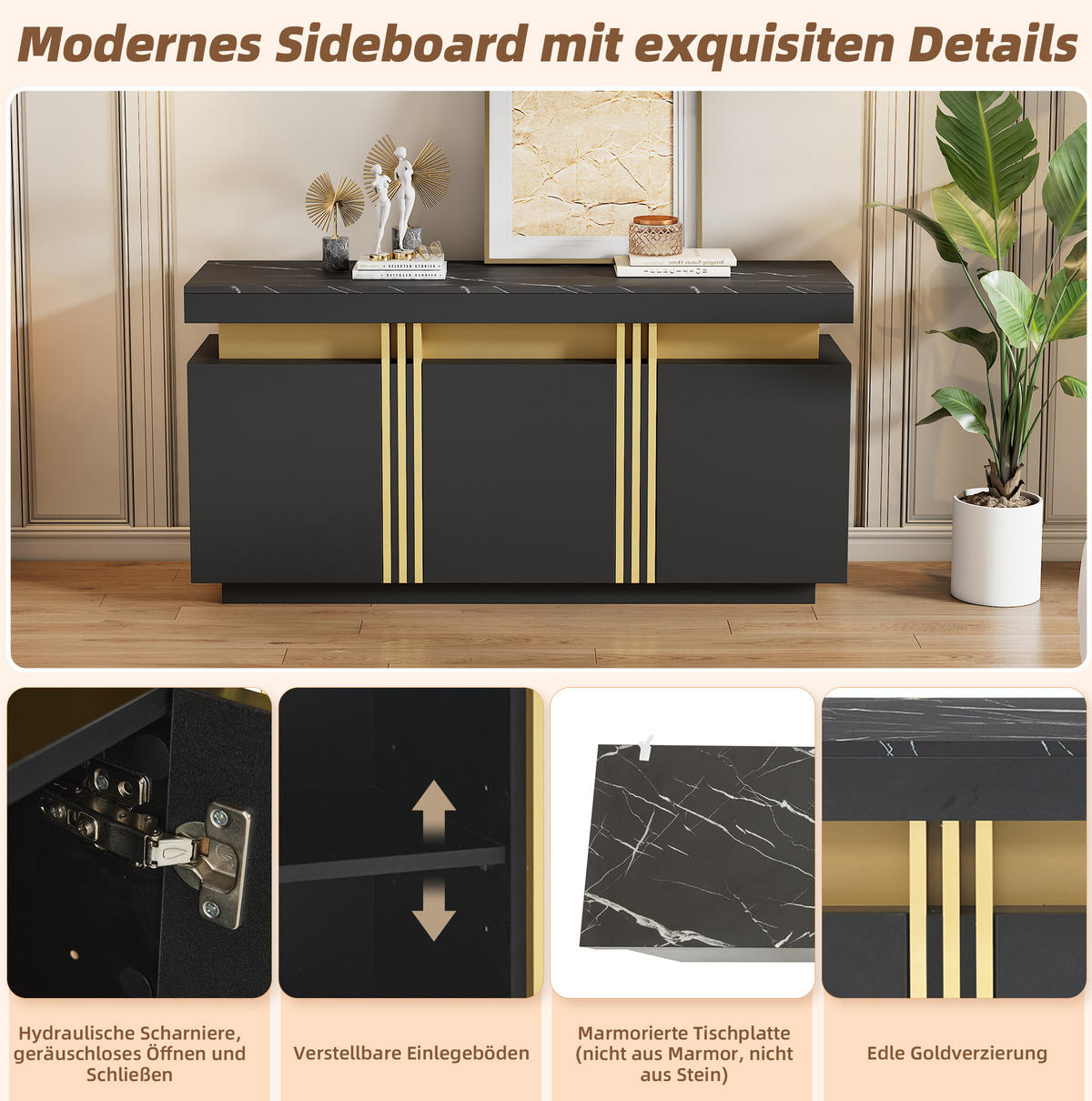 SIDEBOARD 140/38/70 cm Schwarz aus Spanplatte mit Marmorstruktur - Schwarz, Holzwerkstoff (38/70/140cm) - OKMYHOME
