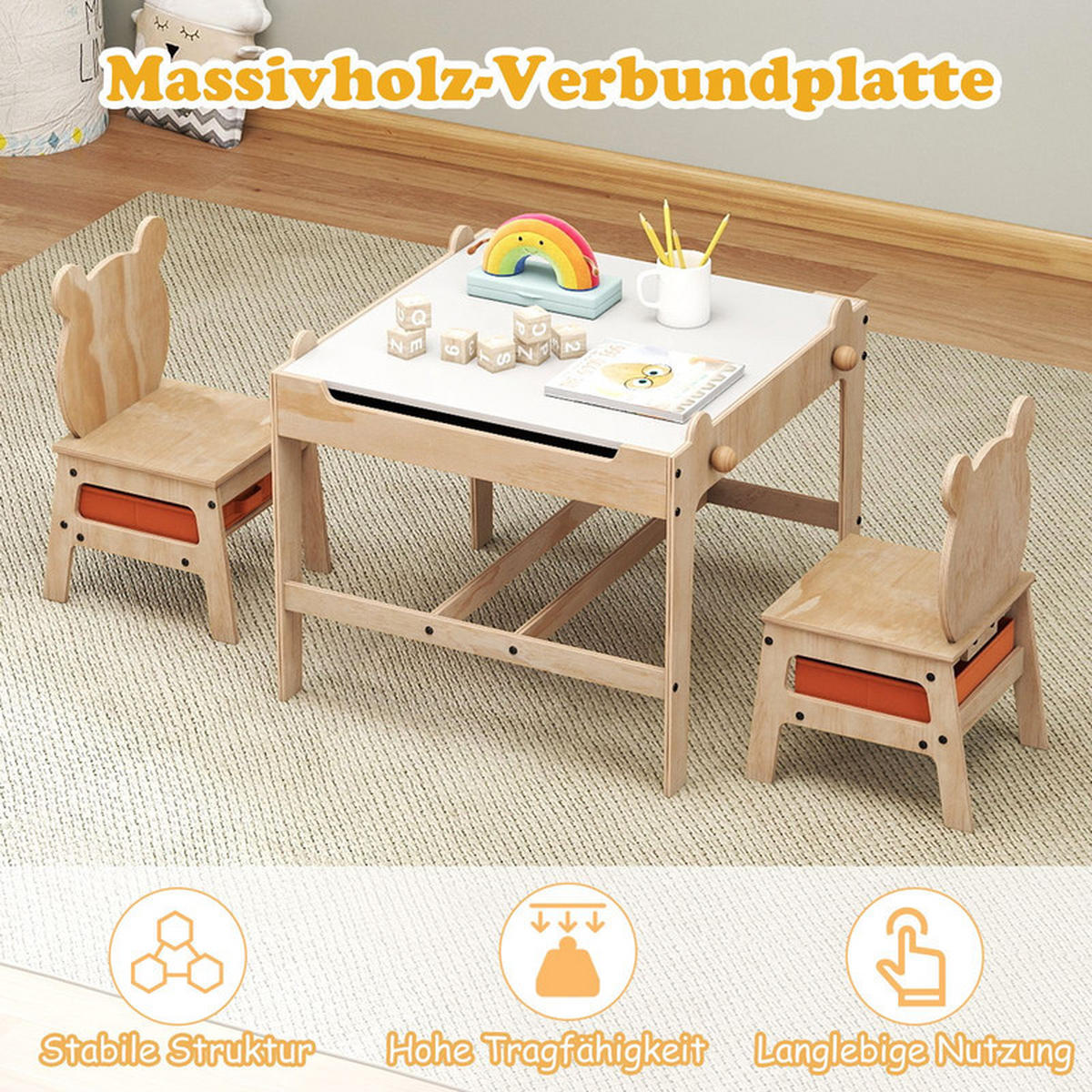 KINDERTISCH mit Stühlen natur(3-tlg) - Naturfarben, Holzwerkstoff (60/52/60cm) - COSTWAY