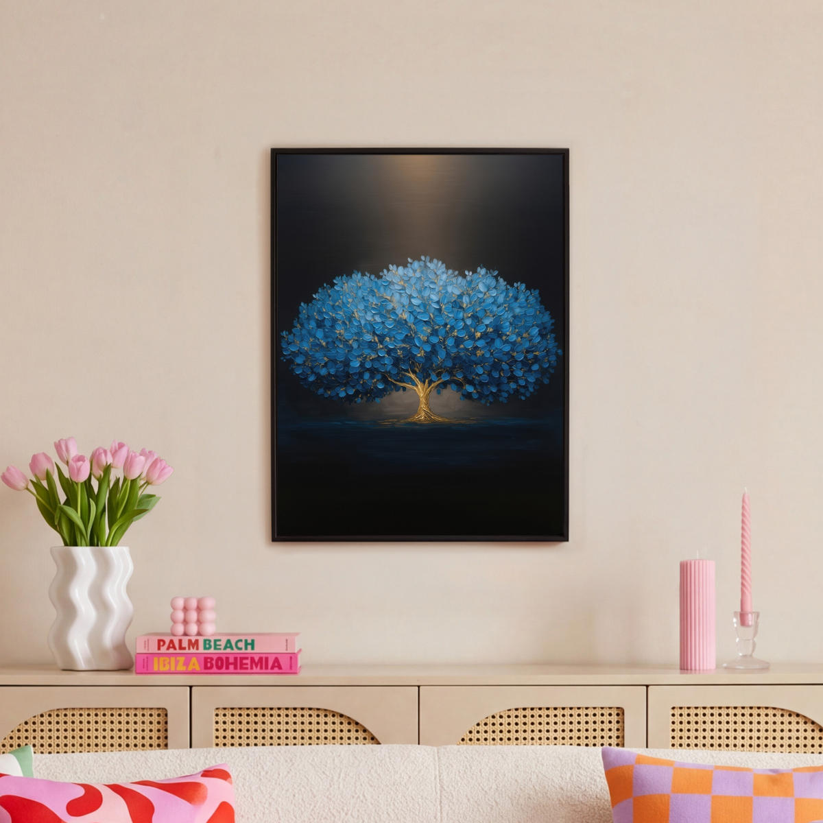 LEINWAND Bilder mit Rahmen - Baum - Blau - Blätter - Pinselstriche - 50x70 - Blau, Textil (50/70cm) - MuchoWow