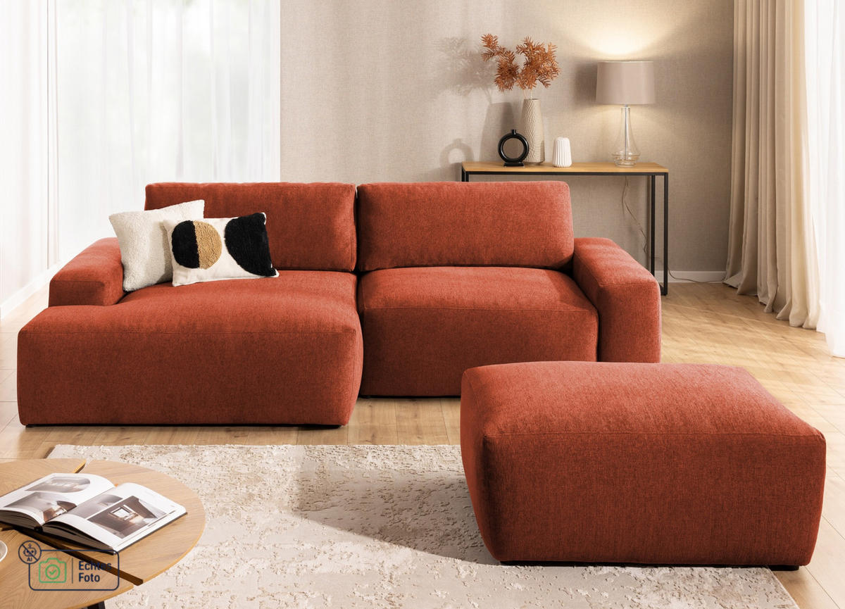 ECKSOFA inkl. Hocker Lennon aus Terrakotta Strukturstoff mit Schlaffunktion und Bettkasten - Terracotta/Schwarz, Holz/Kunststoff (137/264cm) - S-Style