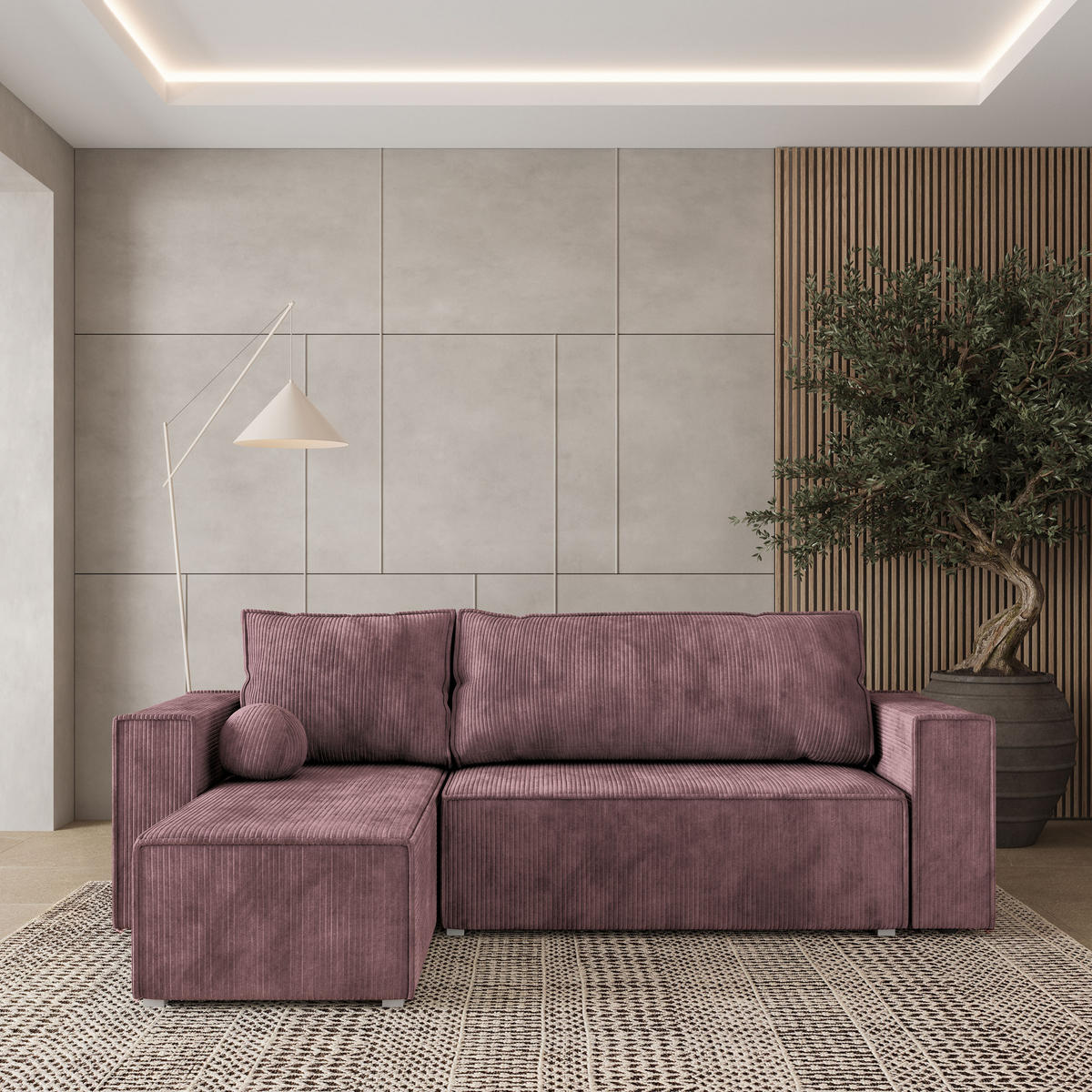 ECKSOFA RAVELO P Lila Kordstoff mit Schlaffunktion - Lila/Grau, Holz/Kunststoff (240/140cm) - MASSENO