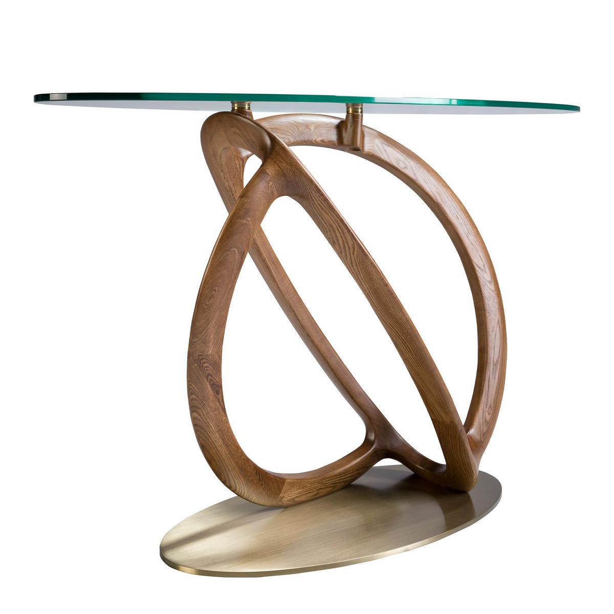 KONSOLENTISCH Oval gehärtetem Glas, Nussbaum und golden poliertem Stahl Ø125/45/80 cm - Klar/Goldfarben, Glas/Holz (45/125/80cm) - ANGEL CERDA