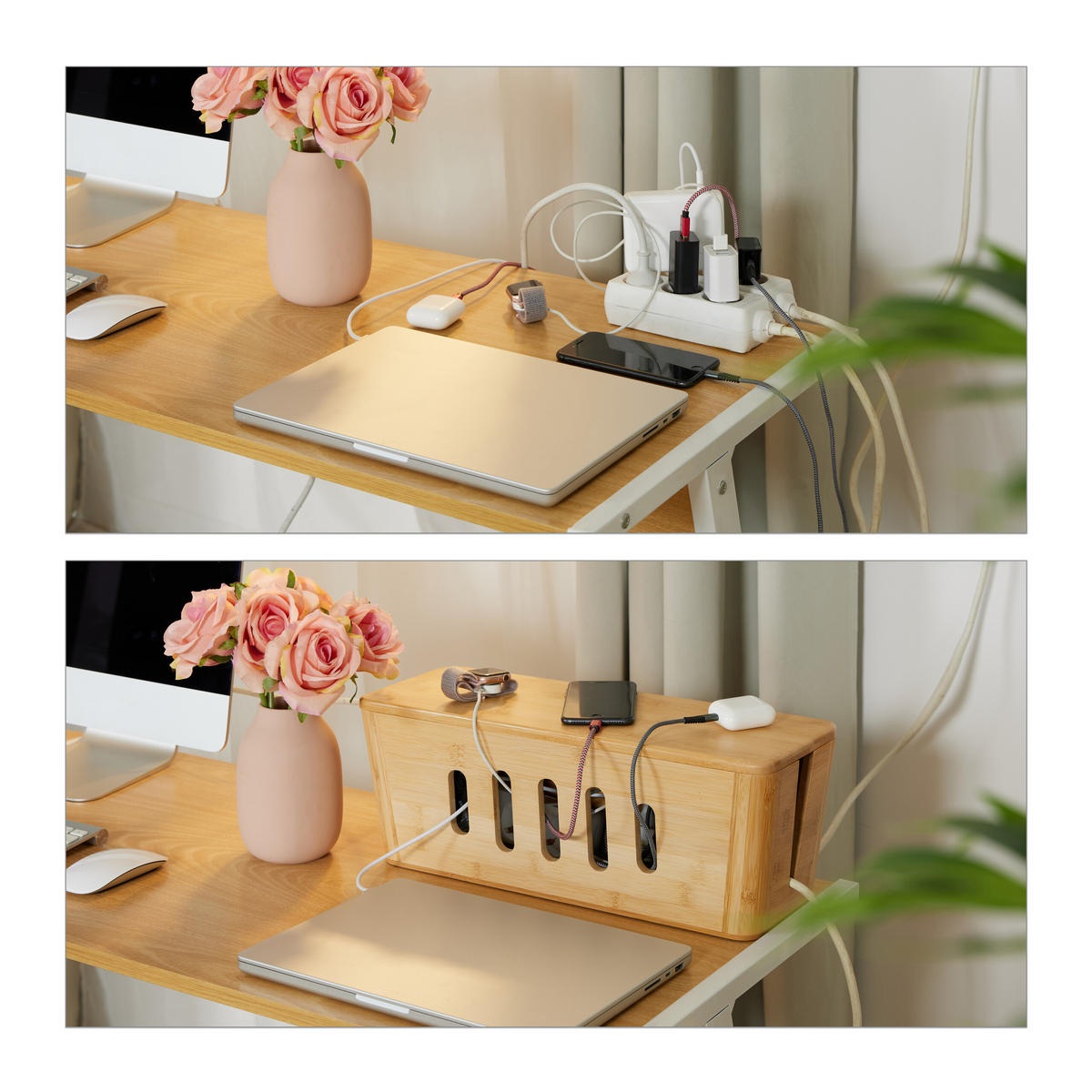 KABELBOX - Hellbraun, Holz/Textil (16/44/16.5cm) - Relaxdays