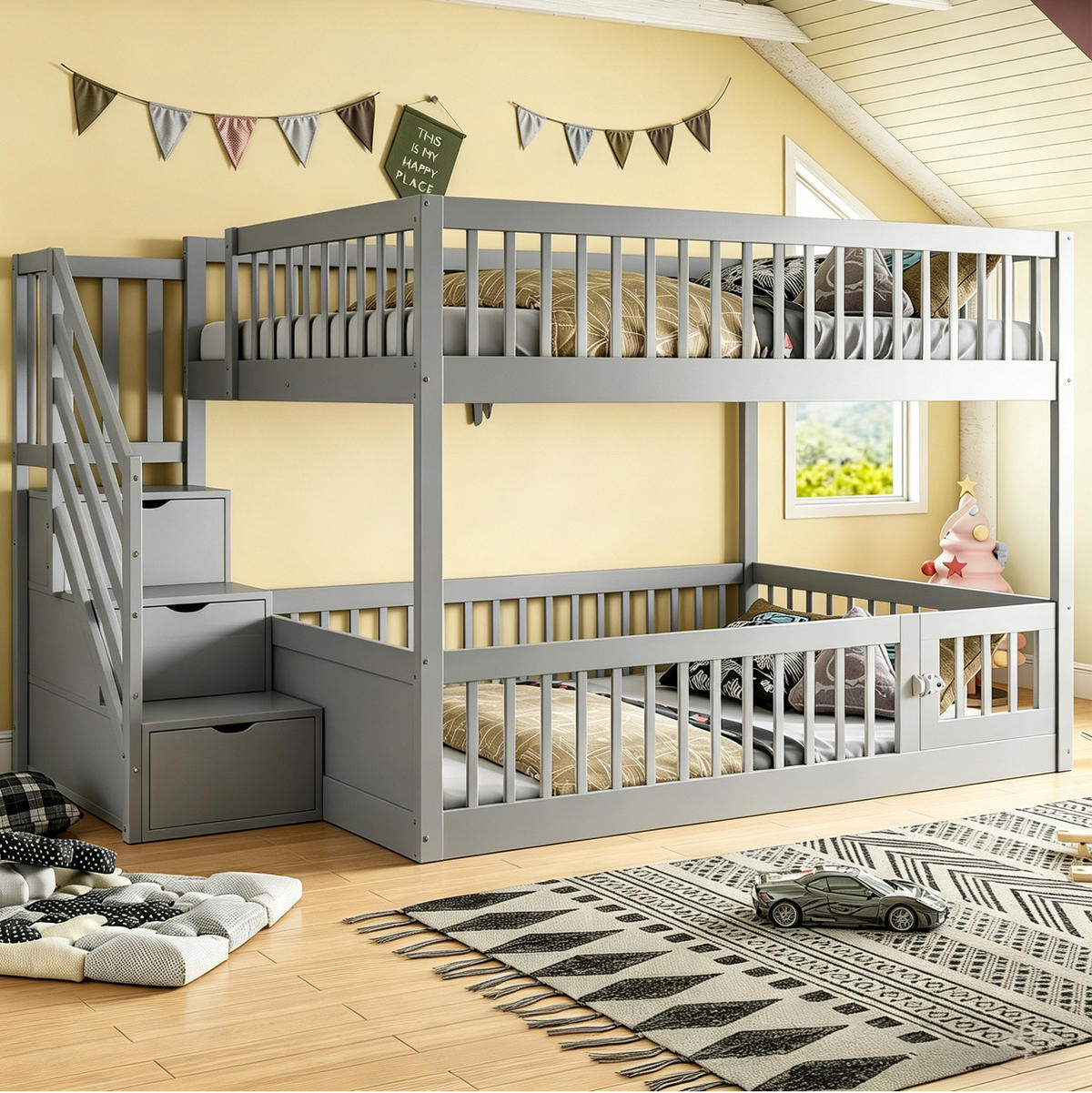 ETAGENBETT 140/200 cm grau aus Massivholz mit Stauraumtreppe - Grau, Holzwerkstoff (140/200cm) - OKWISH