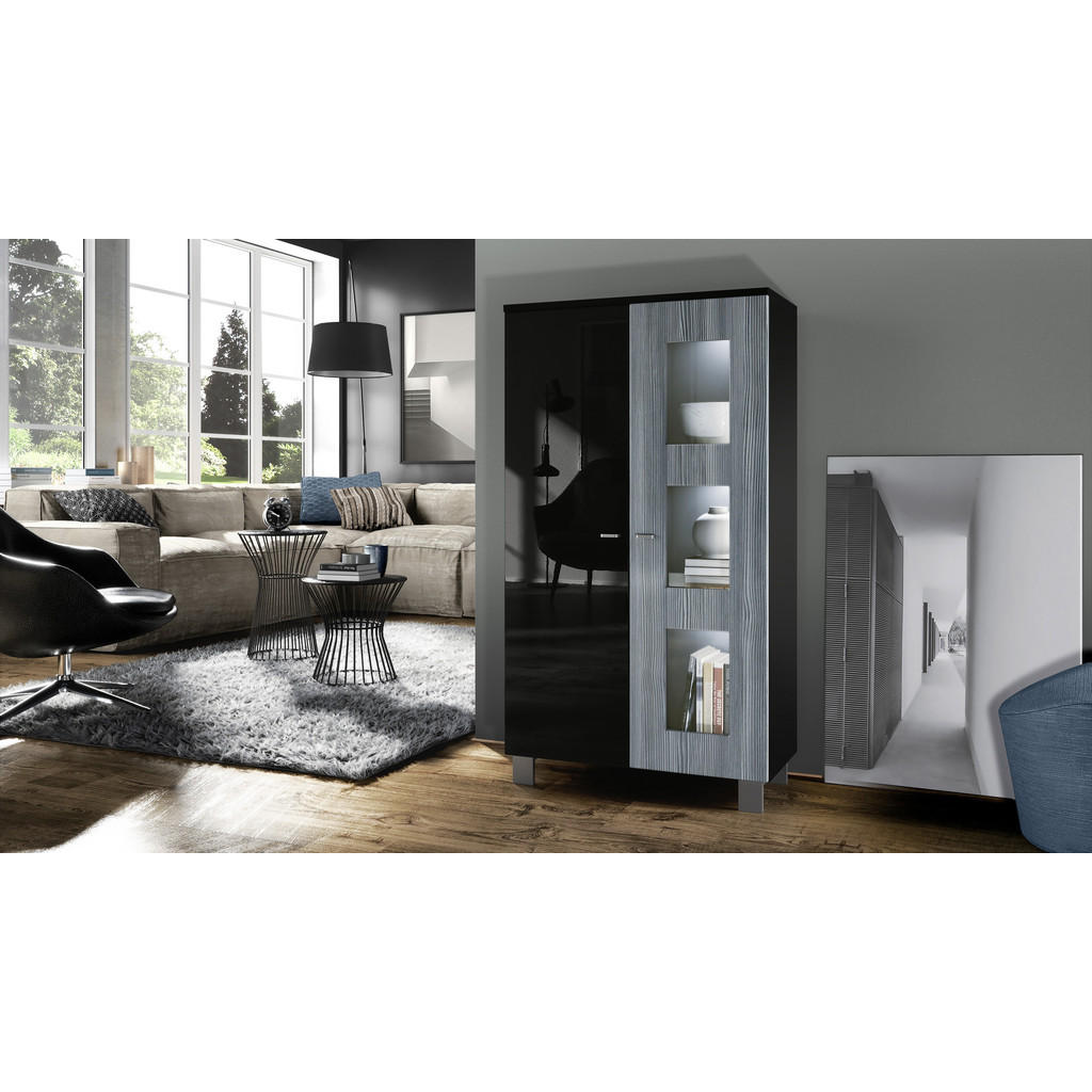 Thumbnail - Vladon Vitrine, Anthrazit, Holzwerkstoff, 71x129x35 cm, Wohnzimmer, Wohnwände, Vitrinenschränke