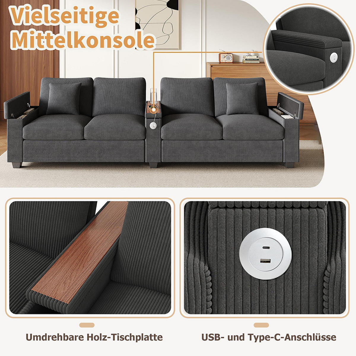 4-SITZER-SOFA mit Ladefunktion in Grau - Grau, Textil (80/82.7/299cm) - KOMHTOM