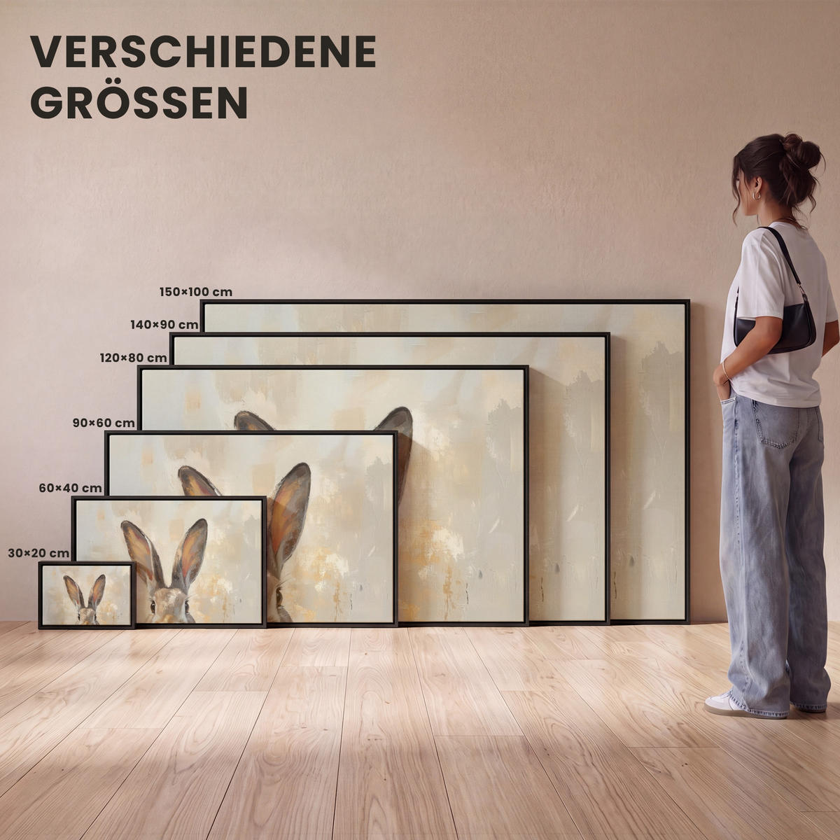 LEINWAND Bilder mit Rahmen - Hase - Ohren - Braun - 150x100 - Beige, Textil (150/100cm) - MuchoWow