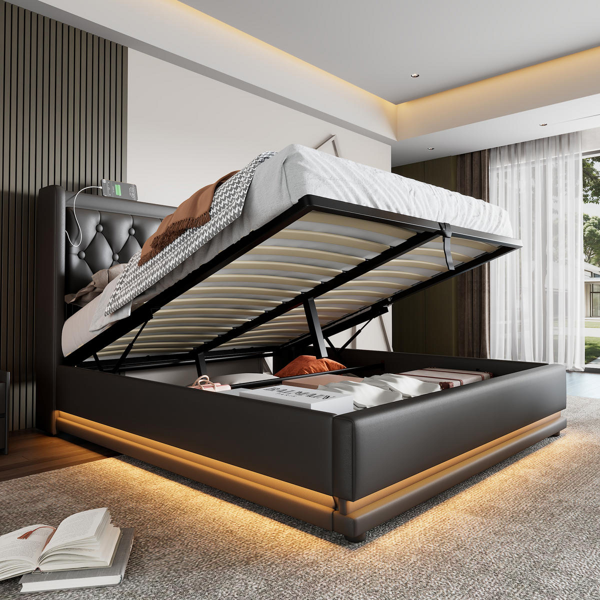 POLSTERBETT aus Kunstleder 180x200 cm in Schwarz mit LED & USB-C-Ladefunktion - Schwarz, Leder (180/200cm) - Modfu