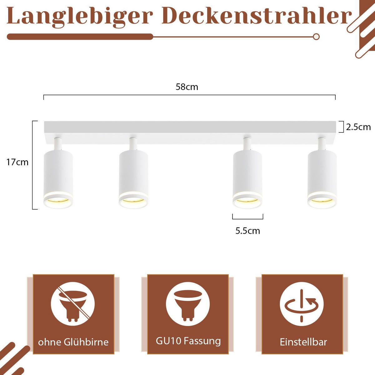 STRAHLER Achim 4-flammig 58/5/17 cm - Weiß, Metall (58/5/17cm) - Nettlife
