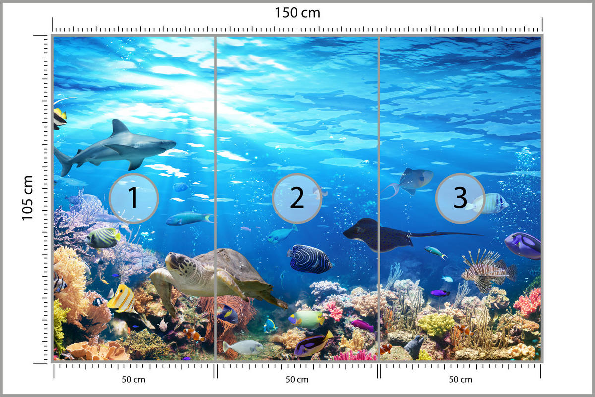 FOTOTAPETE für Badezimmer Korallenriff Schildkröte Hai Fisch 150x105 - Blau/Gelb, Papier (150/105cm) - Muralo
