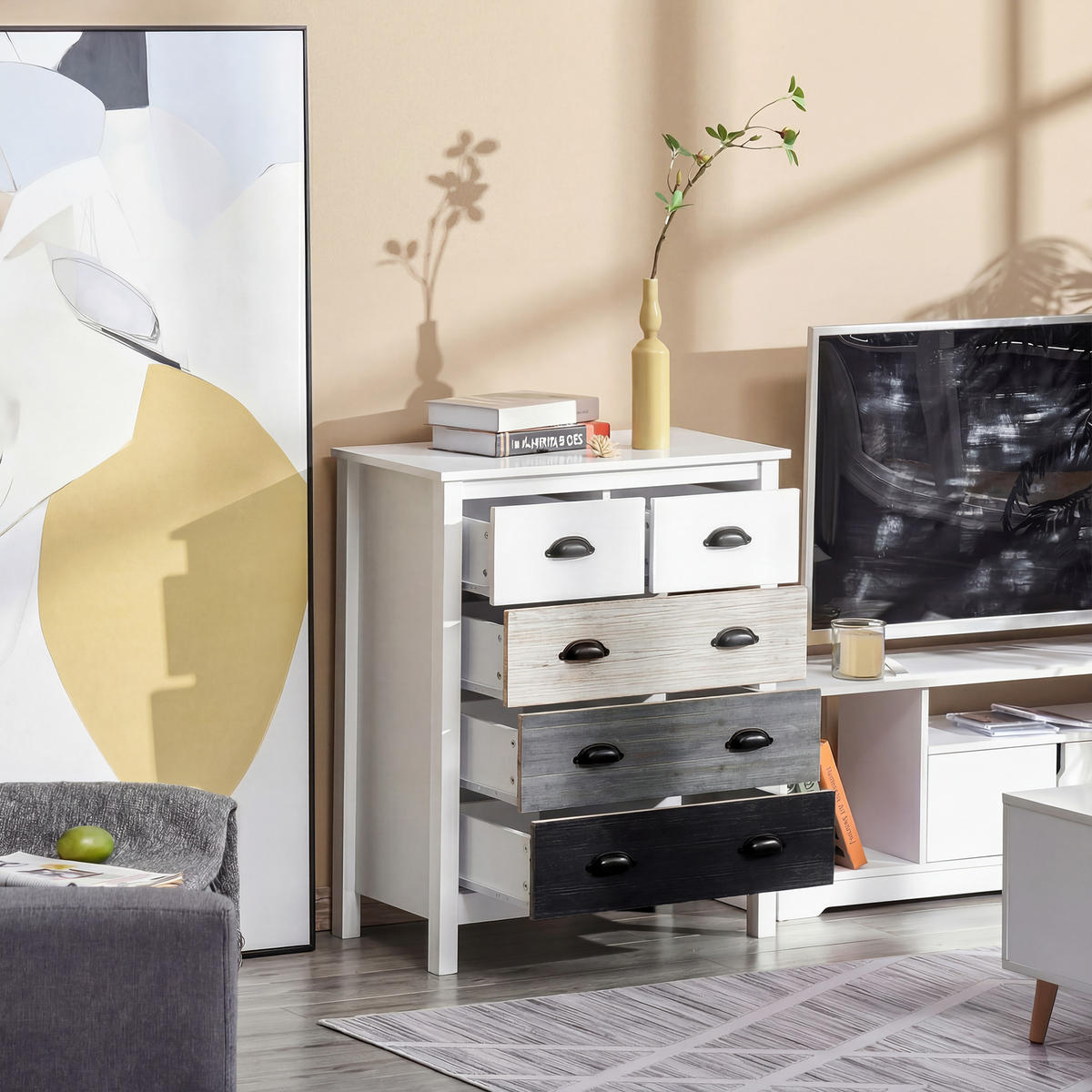 KOMMODE Aufbewahrungsschrank mit 5 Schubladen, Schubladenschrank mit Griff - Weiß, Metall (38/85/70cm) - HOMCOM