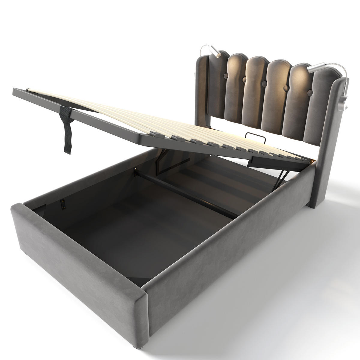 POLSTERBETT 90/200 cm grau mit Leselampe und Ladefunktion - Grau, Textil (90/200cm) - OKWISH