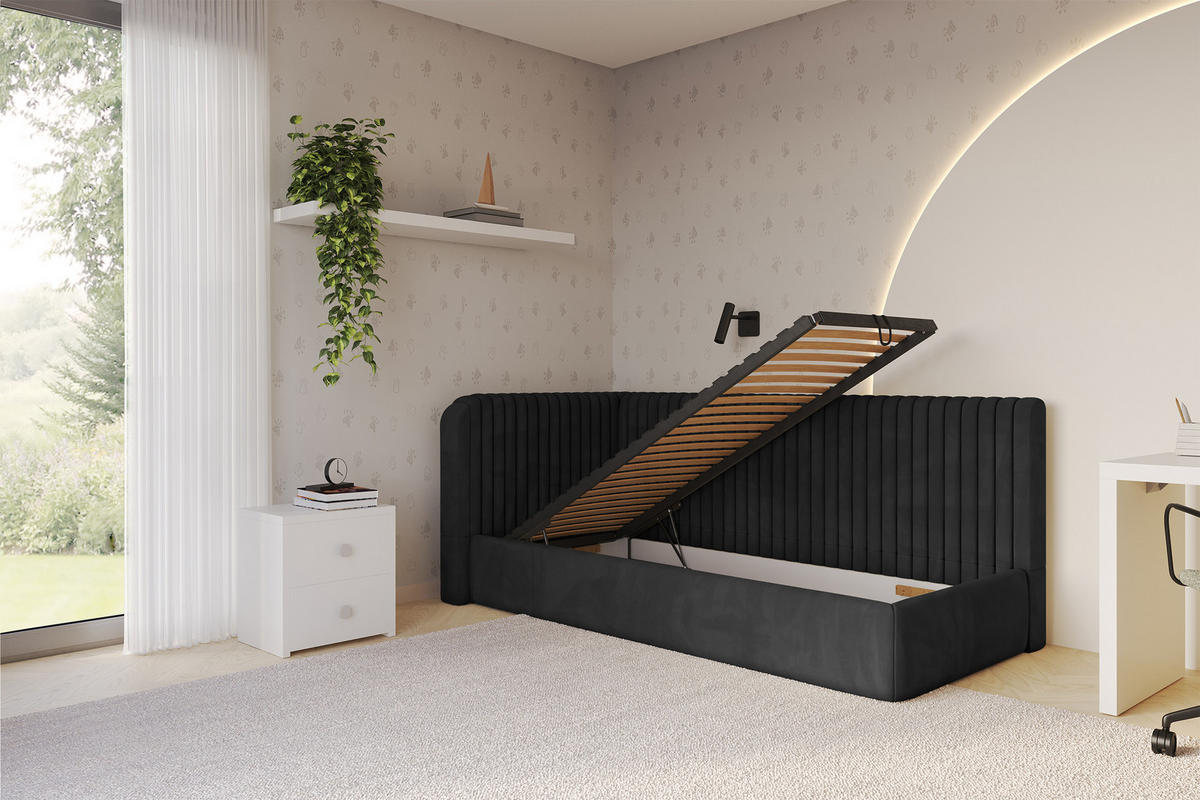 EINZELLBETT Jugendbett mit Bettkasten und Matratze H3/H4, Rechts - AURY 80x200 Schwarz - Anthrazit, Holzwerkstoff/Textil (80/200cm) - ALTDECOR