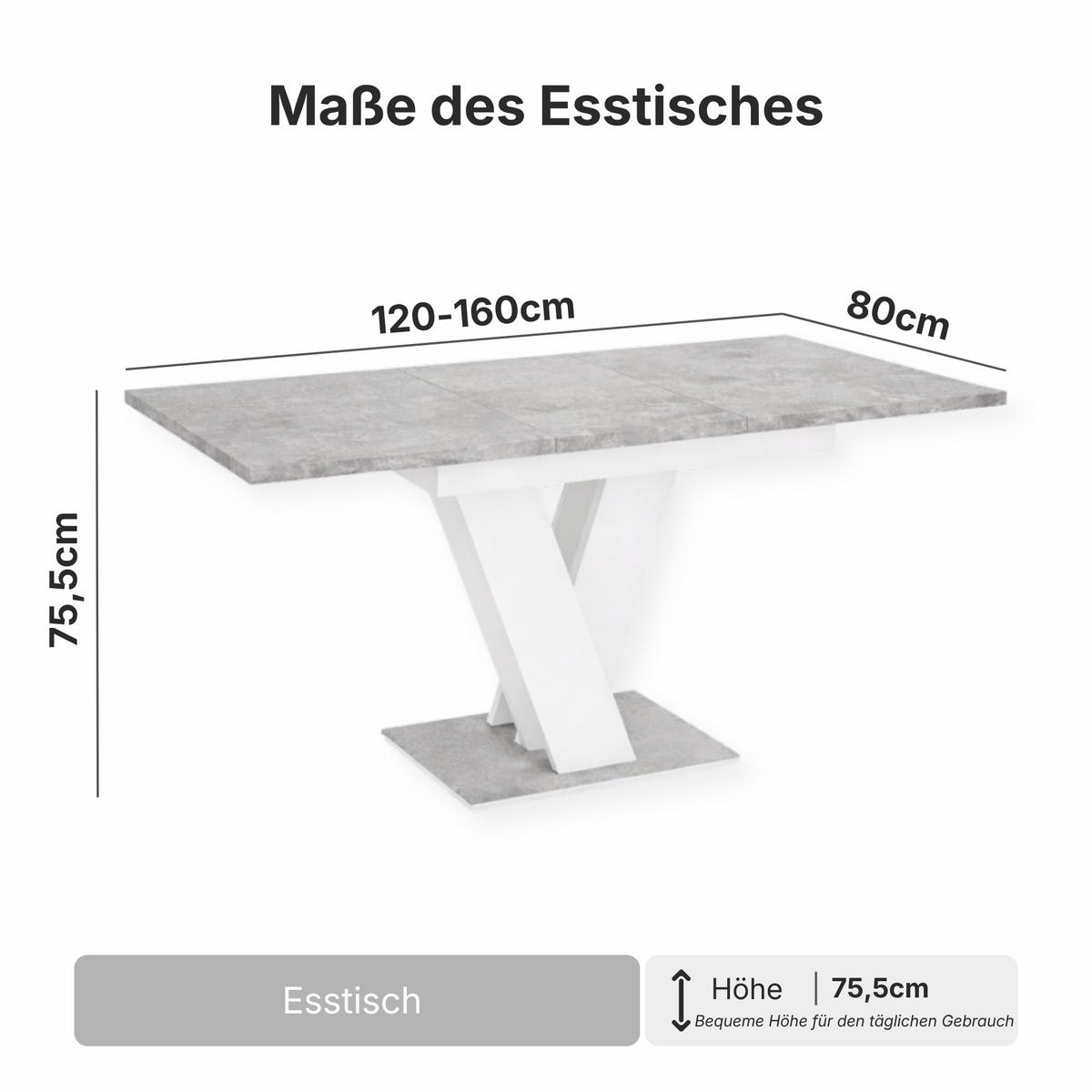 ESSTISCH Grau Betonoptik und Weiß Ausziehbar 120 - 160 cm - Weiß/Grau, Holzwerkstoff (120/80/75cm) - PROSPERO