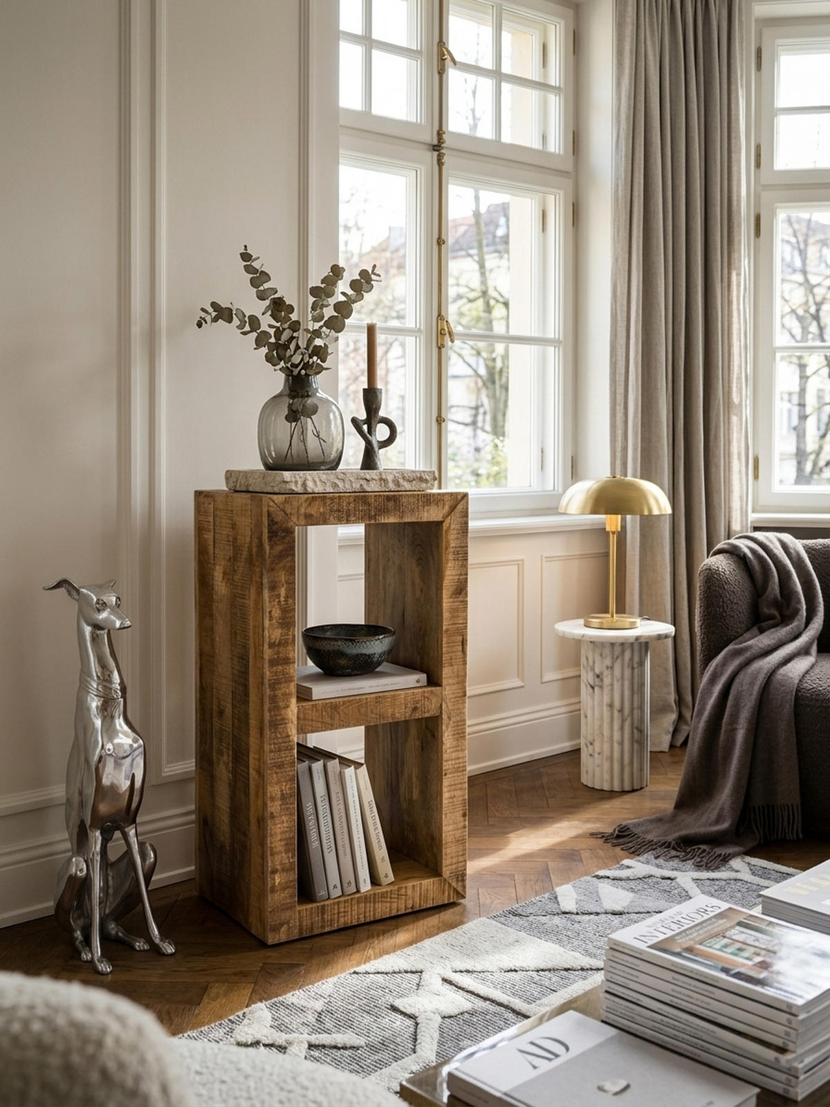 REGAL Massivholz Mango Cubeform Vintage EWA, Beige 45x35x90 cm - Beige, Holz (45/90/35cm) - KADIMA DESIGN