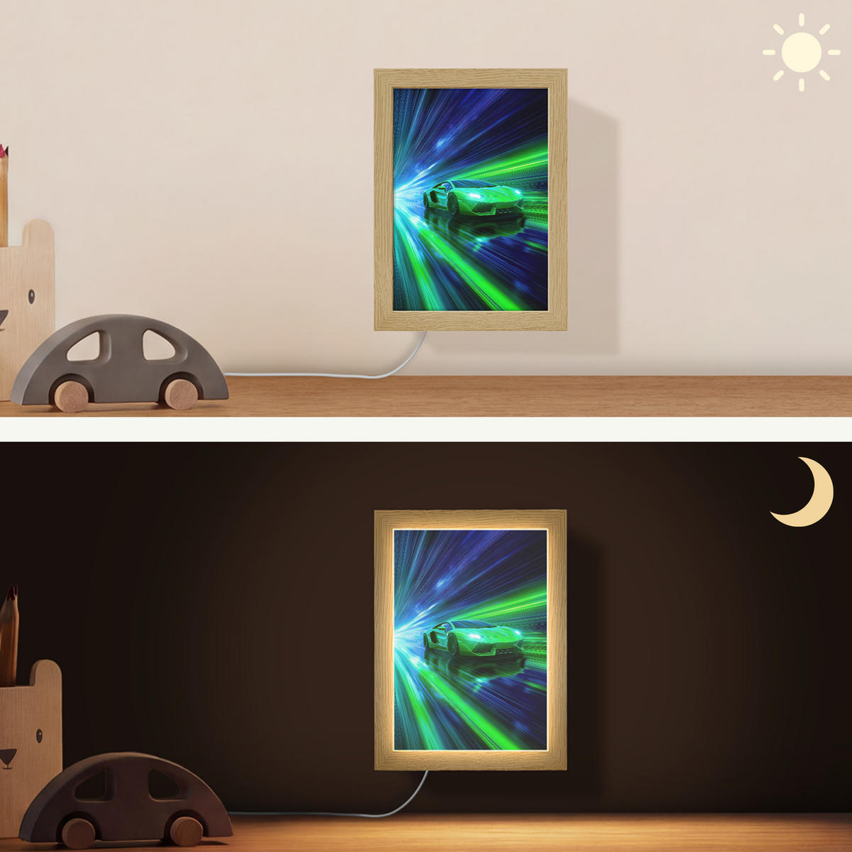 NÁSTĚNNÁ LAMPA Rychlost - Lehké - Sportovní vůz - Zelená 15x20 cm - zelená barva, kompozitní dřevo (15/20/8cm) - OnlyWow