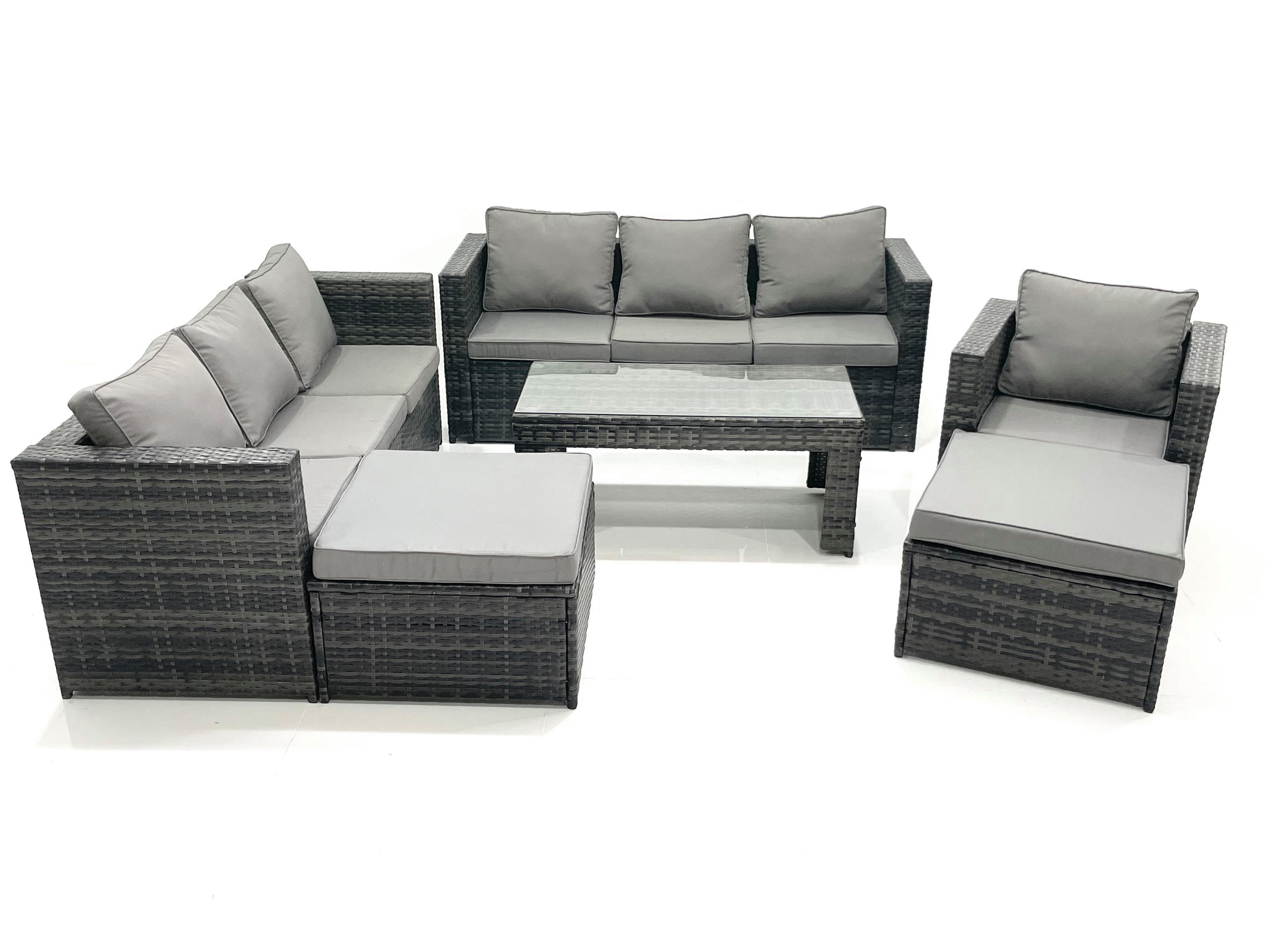 GARTENMÖBEL-SET COUCHTISCH SESSEL SOFA mit HOCKER Polyrattan Dunkelgrau Gemischt 9-Sitzer - Dunkelgrau/Grau, Glas/Kunststoff - Fimous