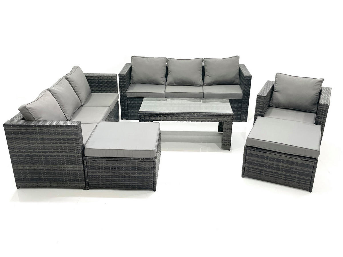 GARTENMÖBEL-SET COUCHTISCH SESSEL SOFA mit HOCKER Polyrattan Dunkelgrau Gemischt 9-Sitzer - Dunkelgrau/Grau, Glas/Kunststoff - Fimous