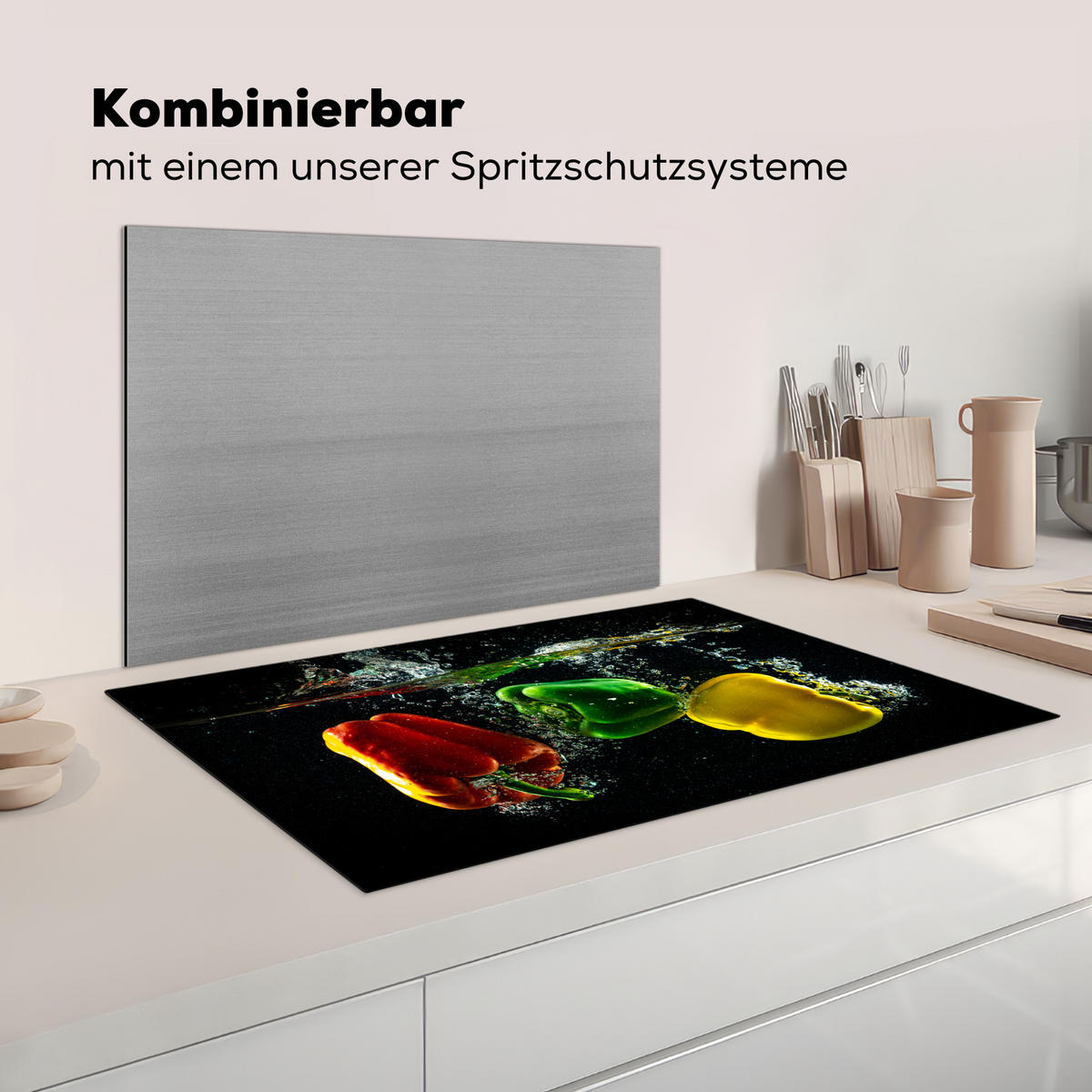 HERDABDECKPLATTE Paprika - Gemüse - Wasser - Schwarz - Rot - Grün - Gelb Ceranfeldabdeckung 85x52 cm - Multicolor, Kunststoff (85/52/0.2cm) - MuchoWow